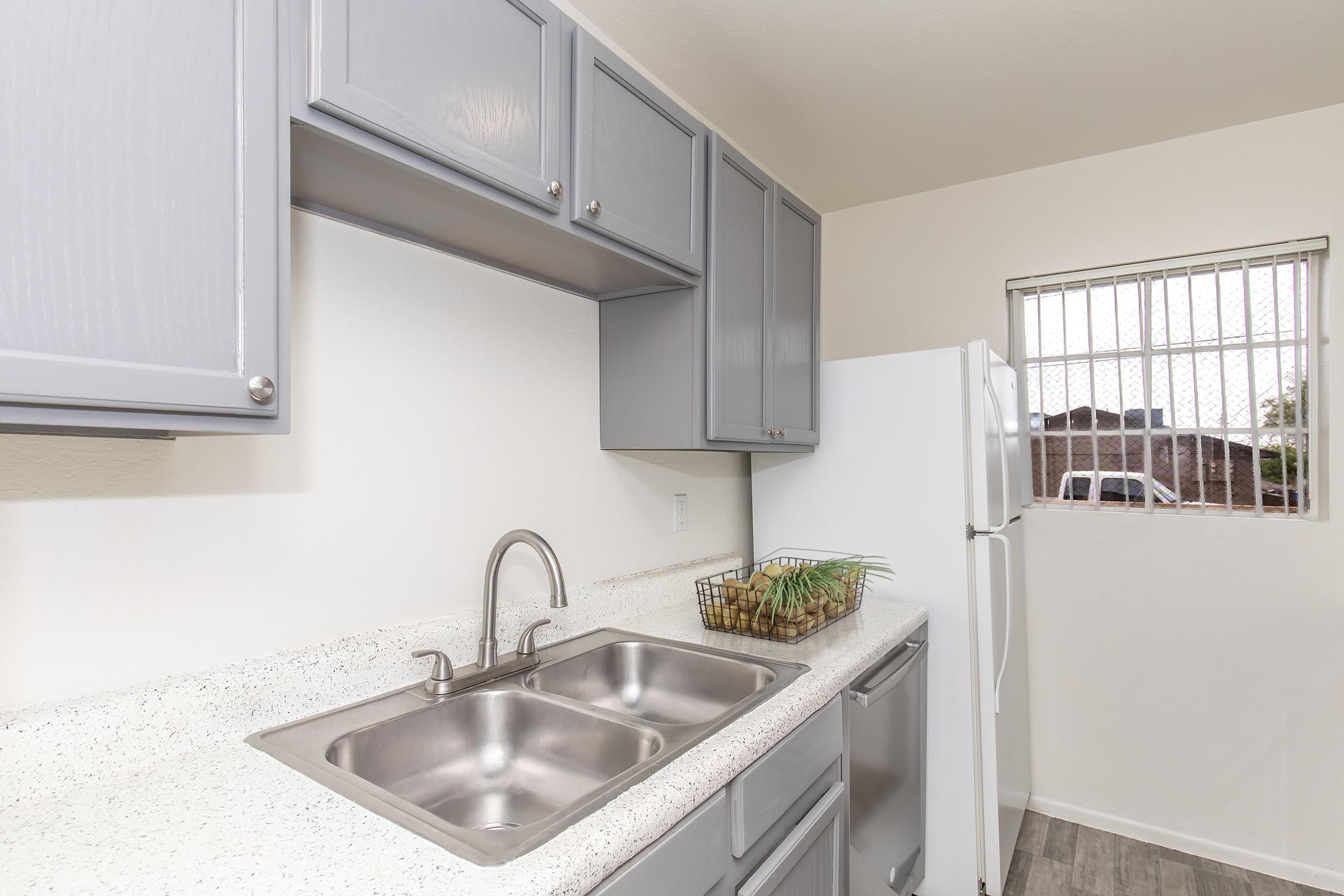 Modern kitchen interior featuring gray cabinets, a double sink, and a granite countertop. A white refrigerator is visible, along with a small basket of produce. Natural light enters through a window with bars. The flooring is a light wood laminate, creating a clean and contemporary atmosphere.