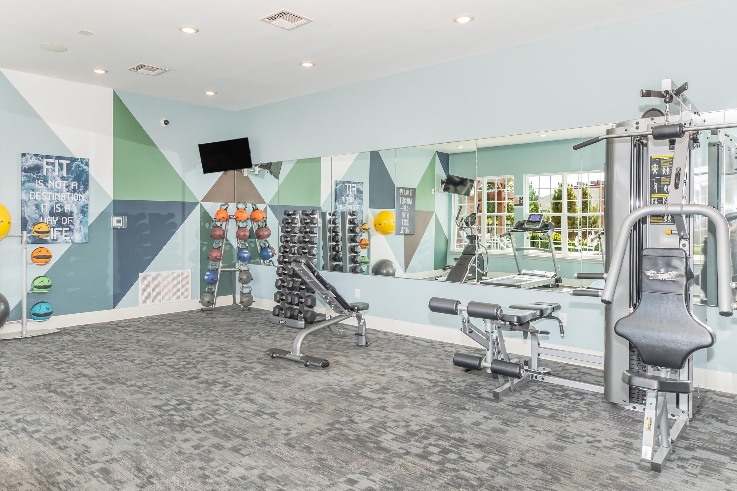 A bright and modern gym interior featuring a variety of exercise equipment. It includes free weights on a rack, a weight machine, a bench, and a large mirror reflecting the space. Colorful exercise balls are displayed on a wall, and there’s a motivational quote visible. Natural light comes in through large windows.