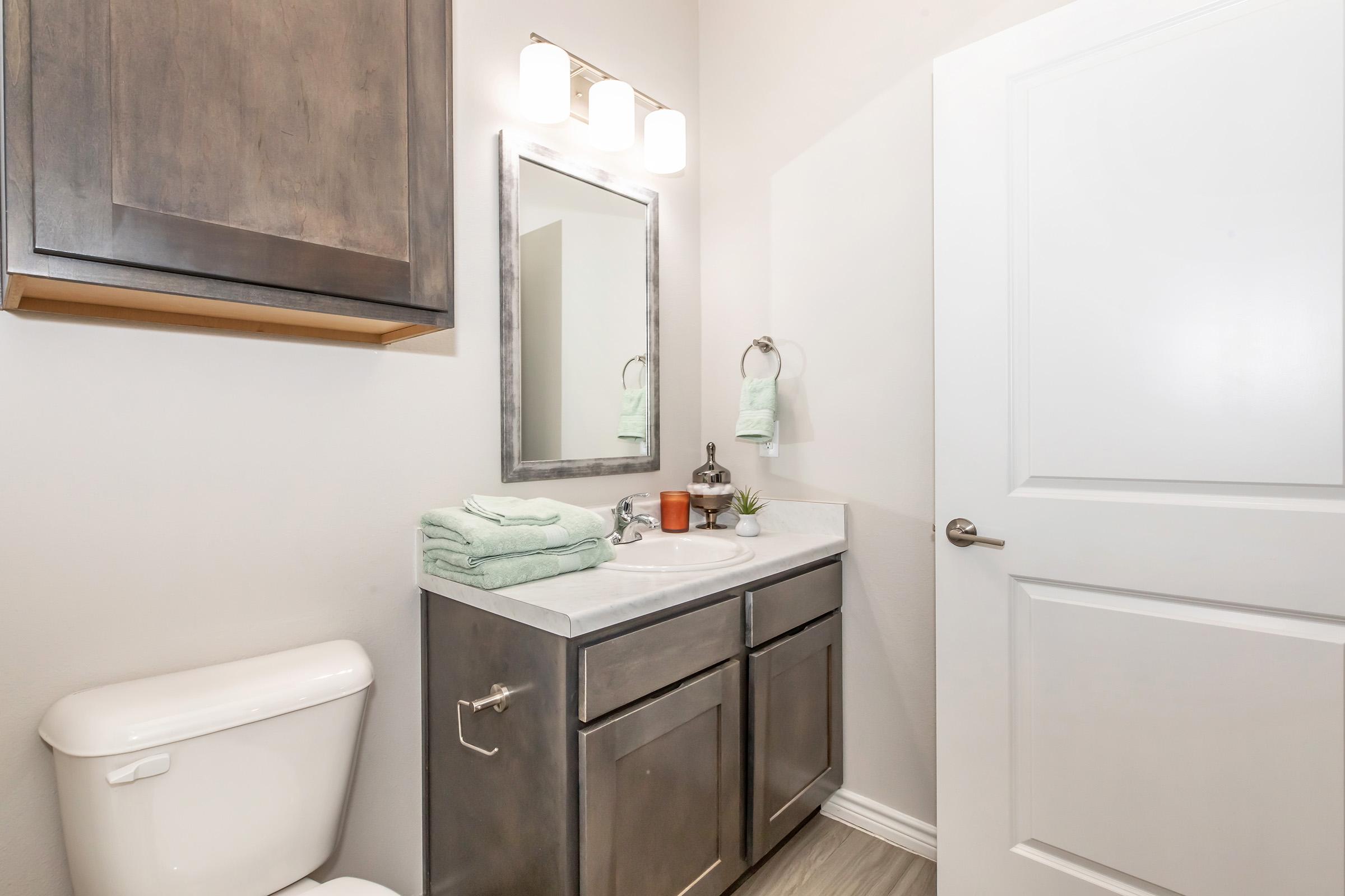 A tidy bathroom featuring a white sink with a mirror above, dark wood cabinets, and neatly folded green towels. A small potted plant and a decorative item are on the countertop. The bathroom includes a light fixture with three bulbs and a white door leading outside.
