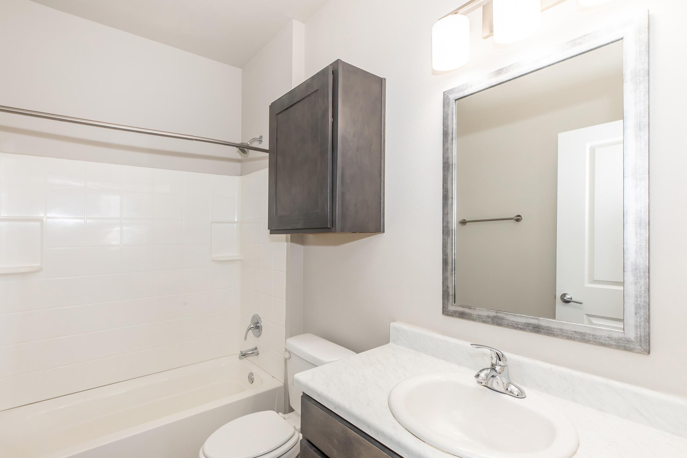 A modern bathroom featuring a bathtub with a shower, a white sink with a marble countertop, a dark gray cabinet, and a large mirror. The walls are painted in light colors, and there's a towel bar above the toilet. Soft lighting is provided by fixtures above the mirror.