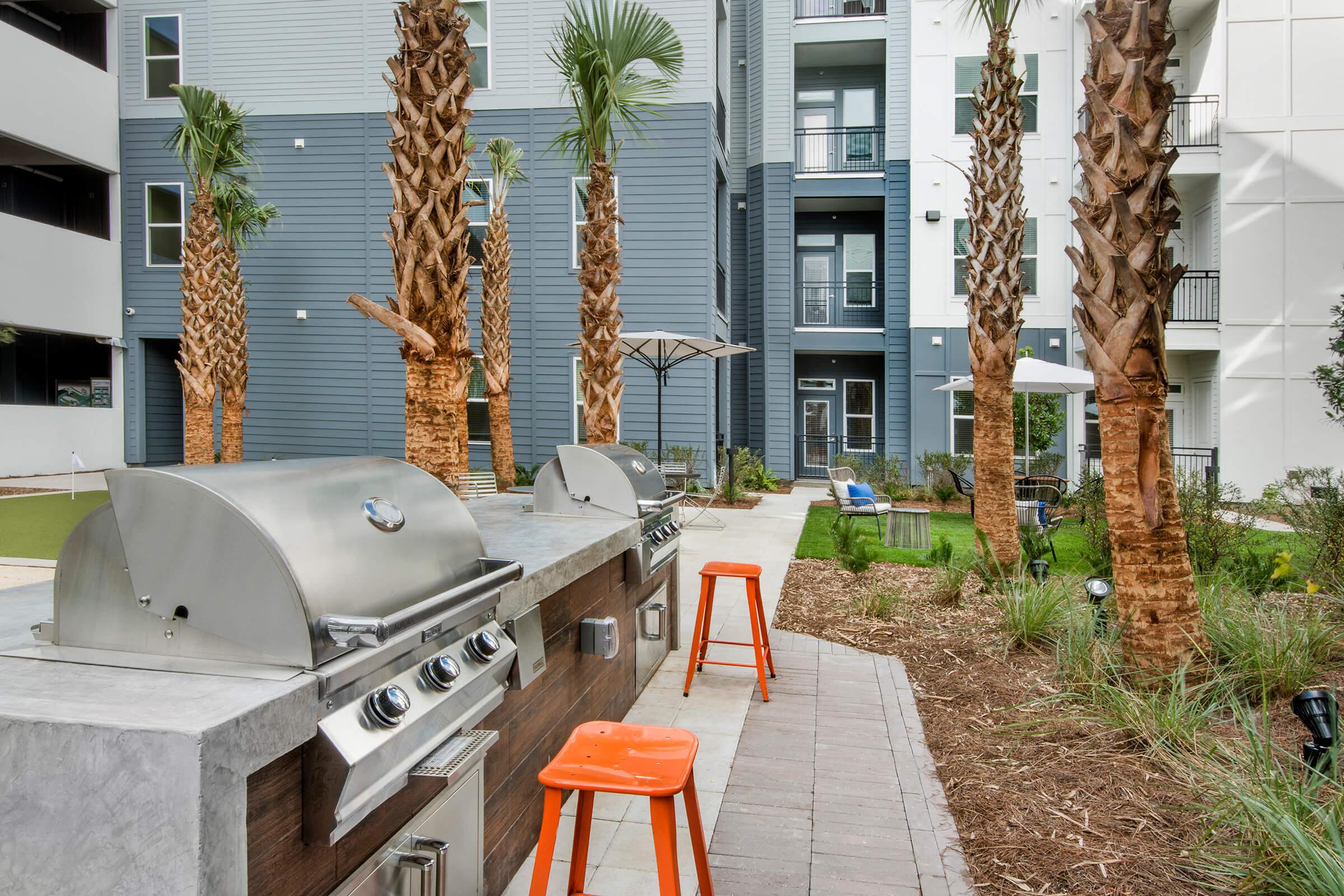 a chair sitting in front of a building