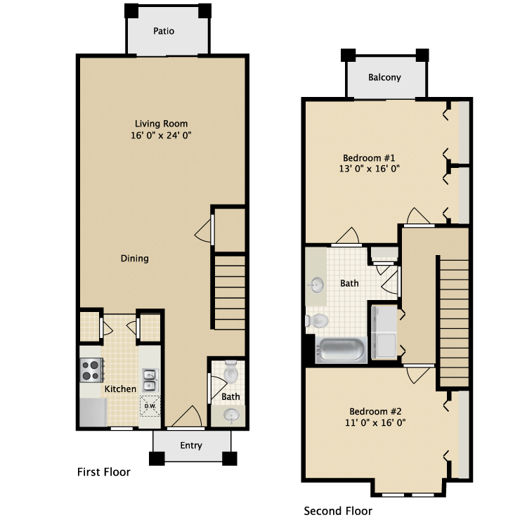 Floor plan image of Two Bedroom Townhome