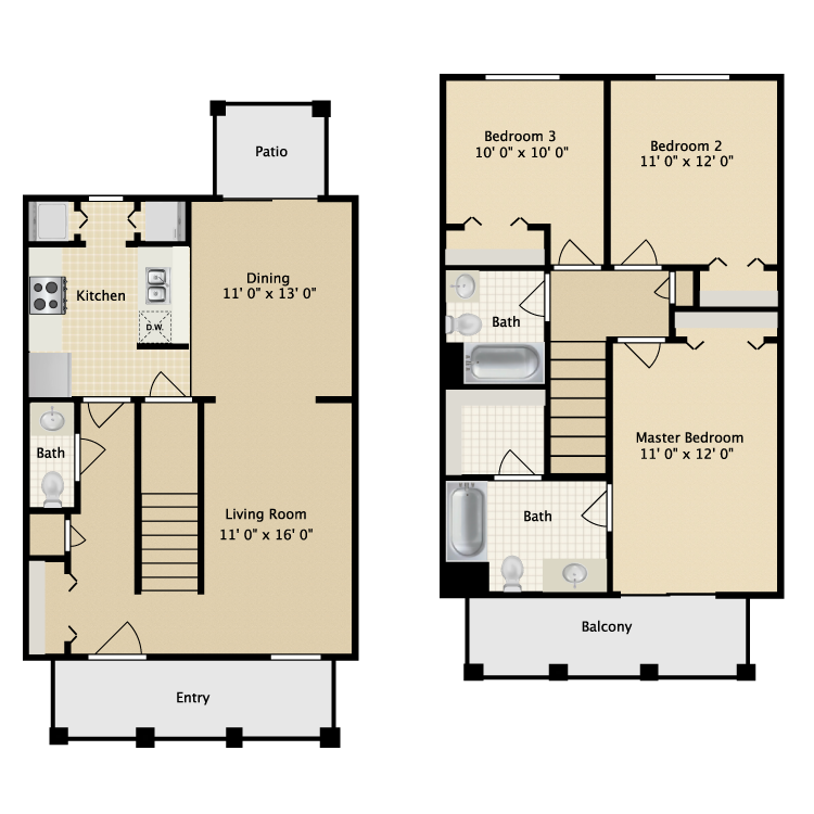 Floor plan image of Three Bedroom Townhome