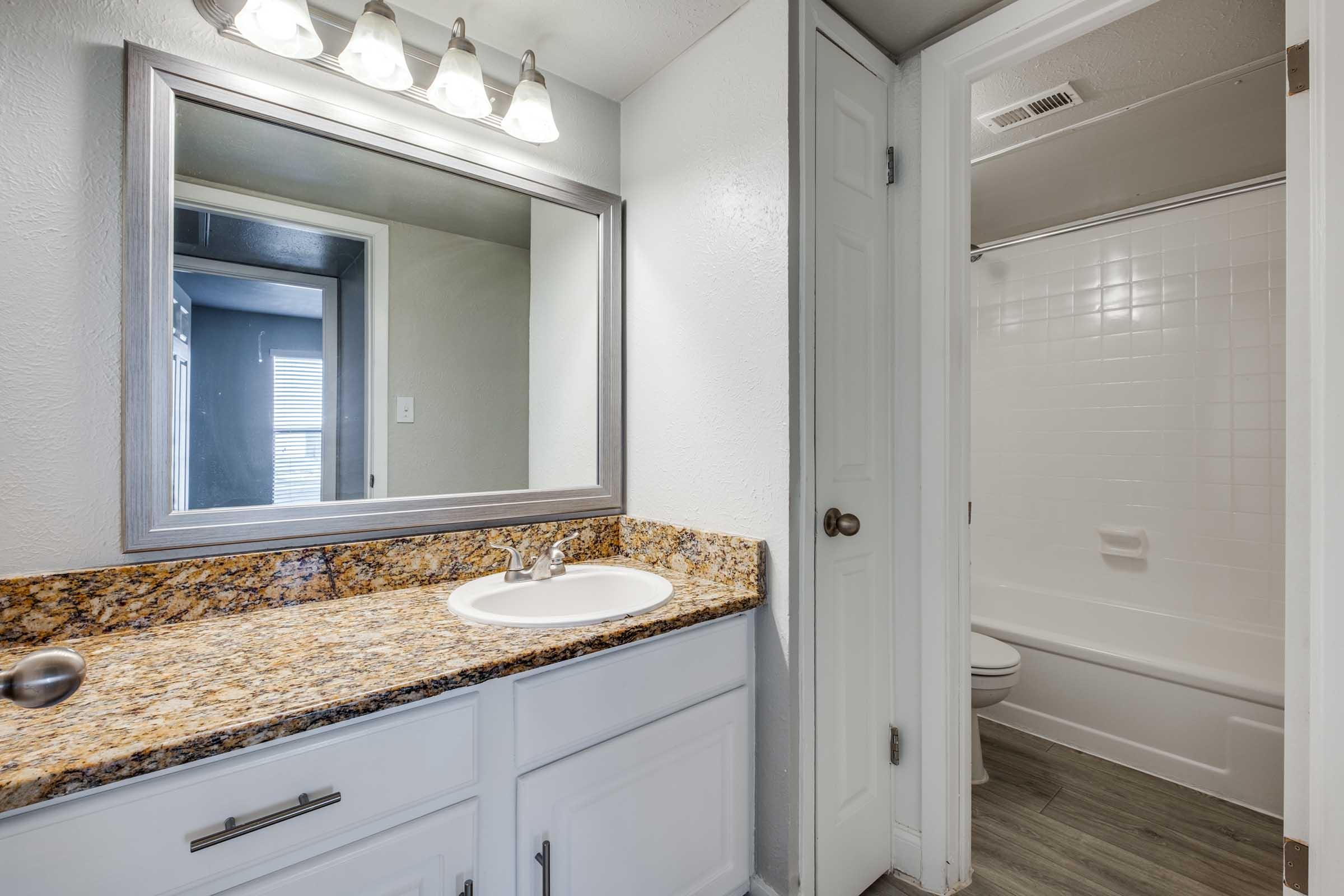 A well-lit bathroom featuring a sink with a granite countertop, white cabinets, and a large mirror. To the right, there is a shower/tub combo enclosed by a white curtain. The walls are painted light gray, and there are modern light fixtures above the mirror.