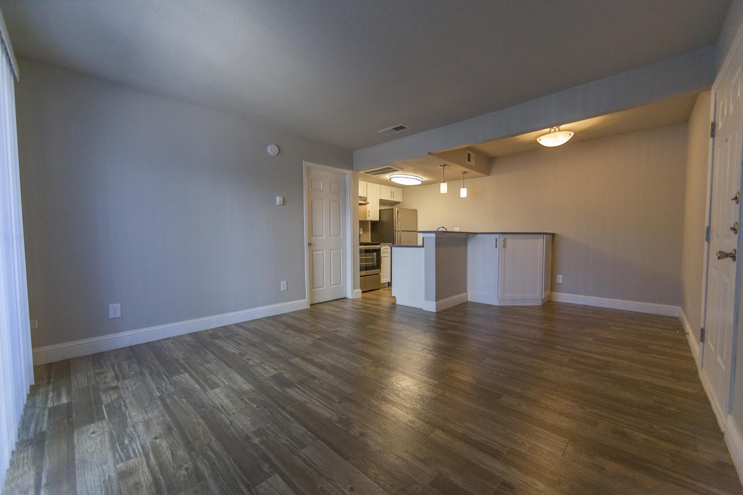 Spacious living area with hardwood-style flooring and a modern kitchen that features a countertop, pendant lights, and white cabinetry. Wall colors are neutral, and there's natural light coming from the sliding glass doors on one side. The open layout offers a welcoming atmosphere.