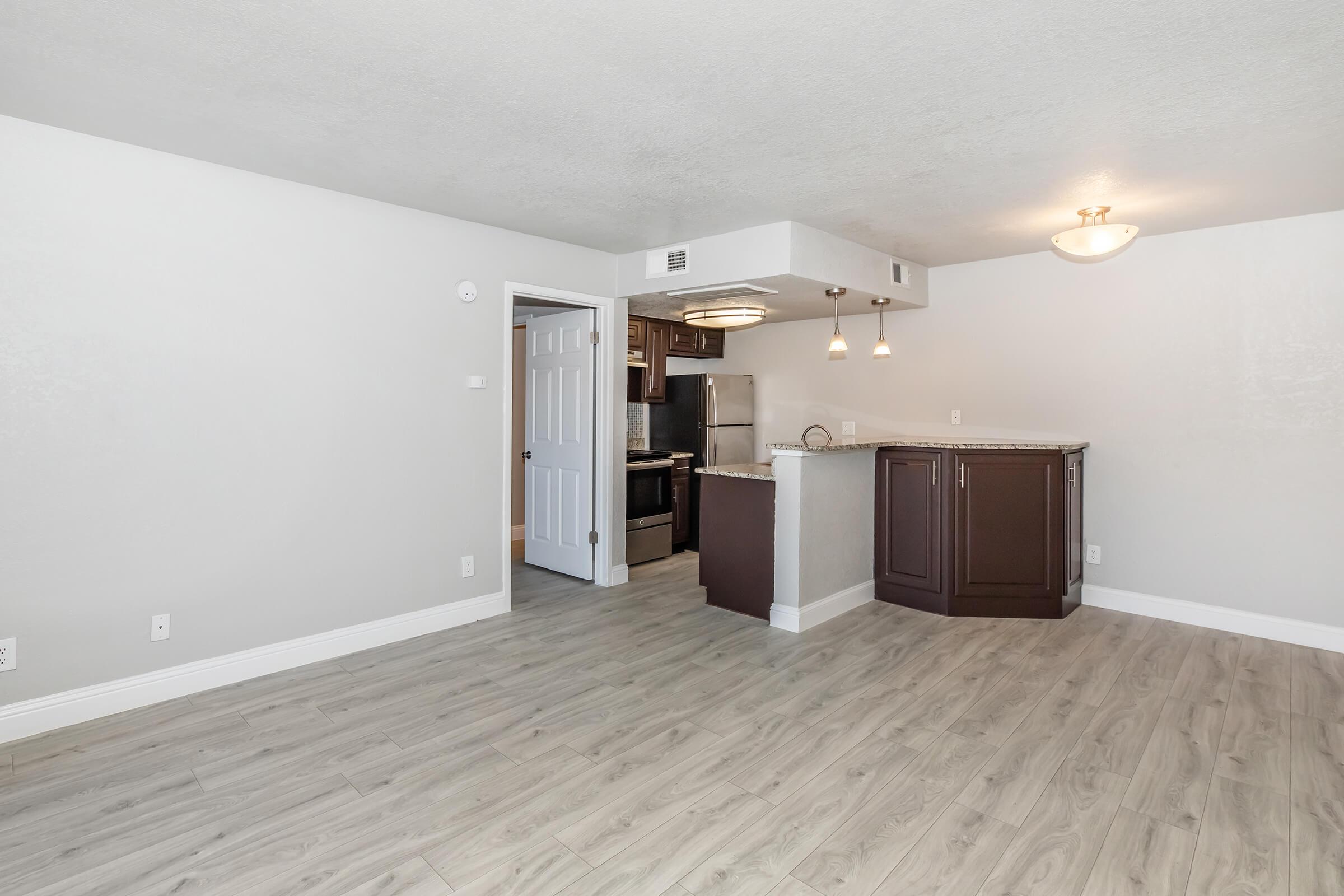 A modern, open-concept living space featuring light-colored walls and wood-like flooring. The area includes a kitchen with dark cabinetry and stainless steel appliances, illuminated by pendant lights. There’s also a doorway leading to a separate room. Natural light enhances the inviting atmosphere.
