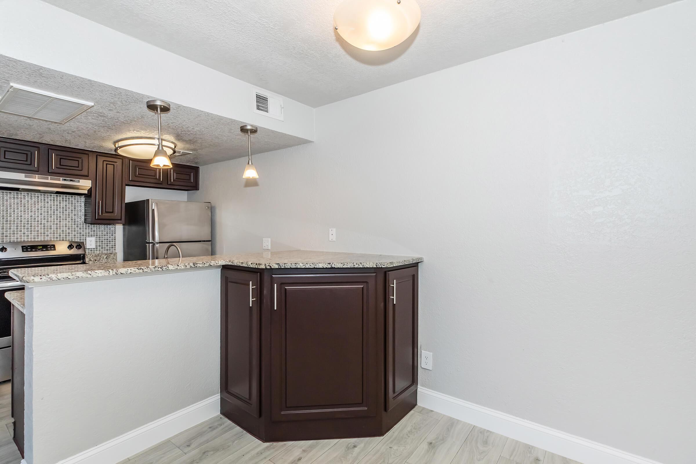 Modern kitchen corner featuring dark wood cabinetry, a granite countertop, and stainless steel appliances. The space includes pendant lighting hanging from the ceiling and a light-colored, textured wall. The flooring is light wood, enhancing the contemporary aesthetic of the area.