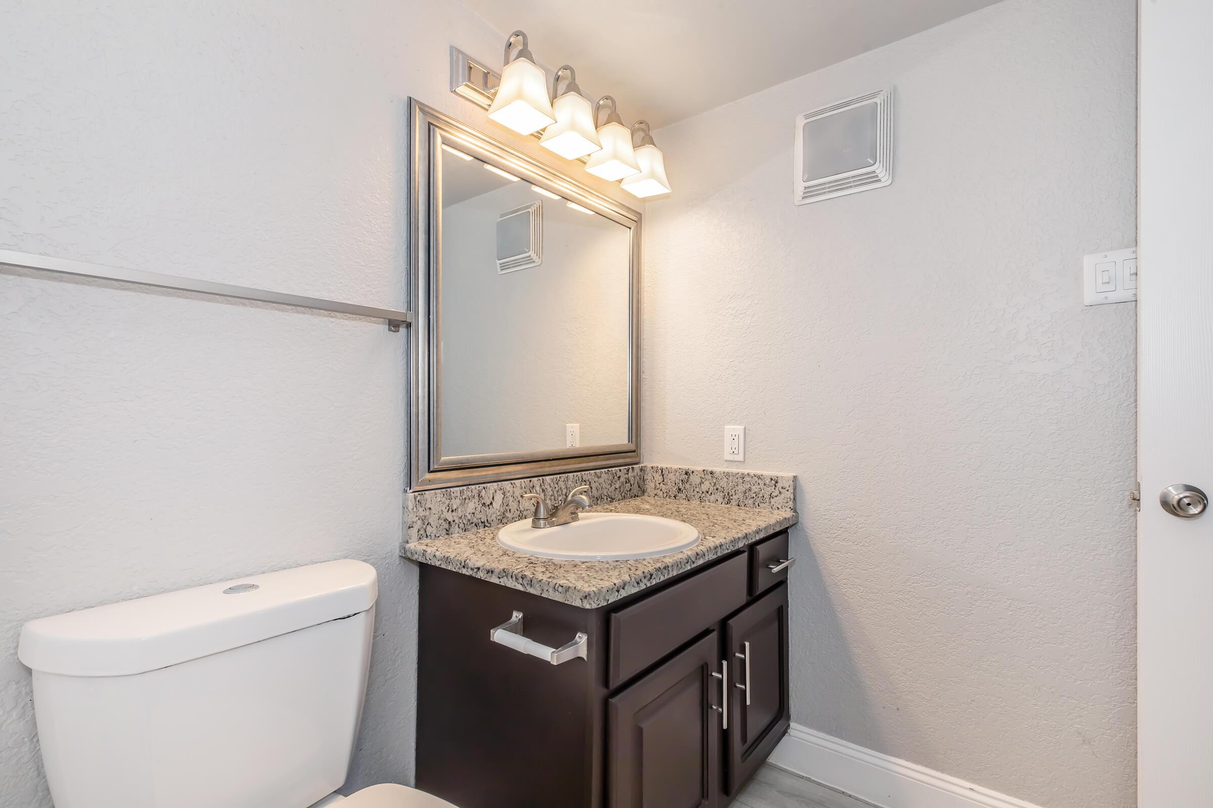 A modern bathroom featuring a white toilet, a granite countertop sink, a large mirror, and wall-mounted lighting. The walls are painted in a light gray color, creating a clean and spacious look. A small ventilation vent is visible on the ceiling.