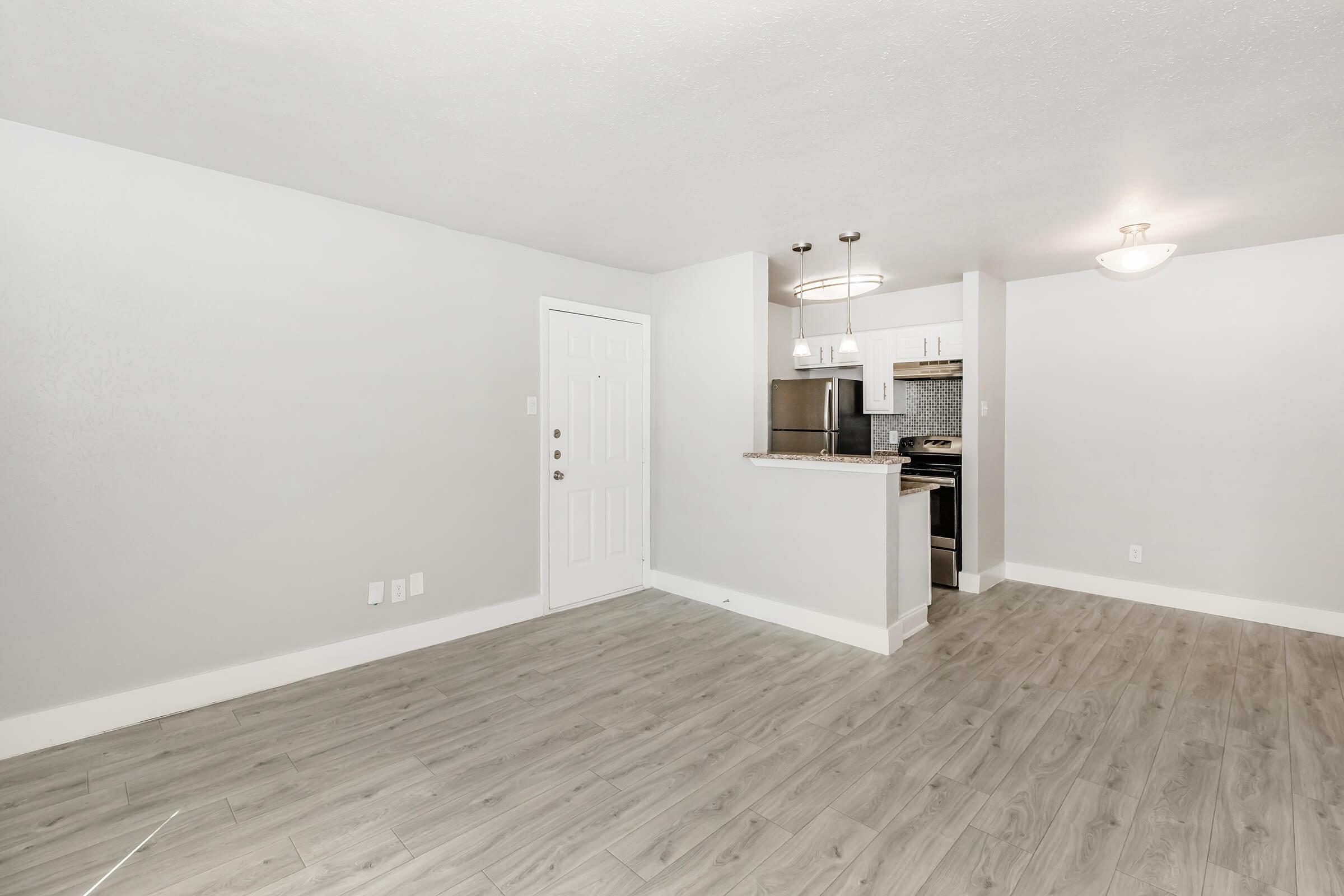 Spacious modern living area with light gray walls and wood-style flooring. The room features a doorway leading to a kitchen with stainless steel appliances, white cabinets, and a breakfast bar. Natural light enters through a ceiling light fixture, creating a bright and inviting atmosphere.