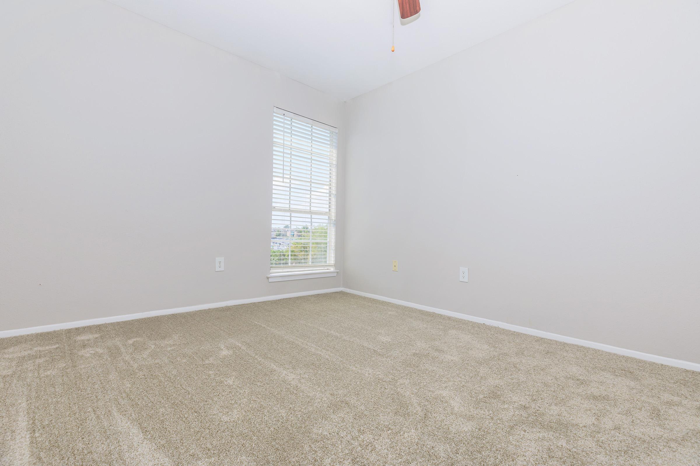 Empty room with light beige carpet and neutral-colored walls. A single window with blinds allows natural light to enter. The ceiling features a ceiling fan. The space has no furniture or decorations, giving it a minimalistic appearance.