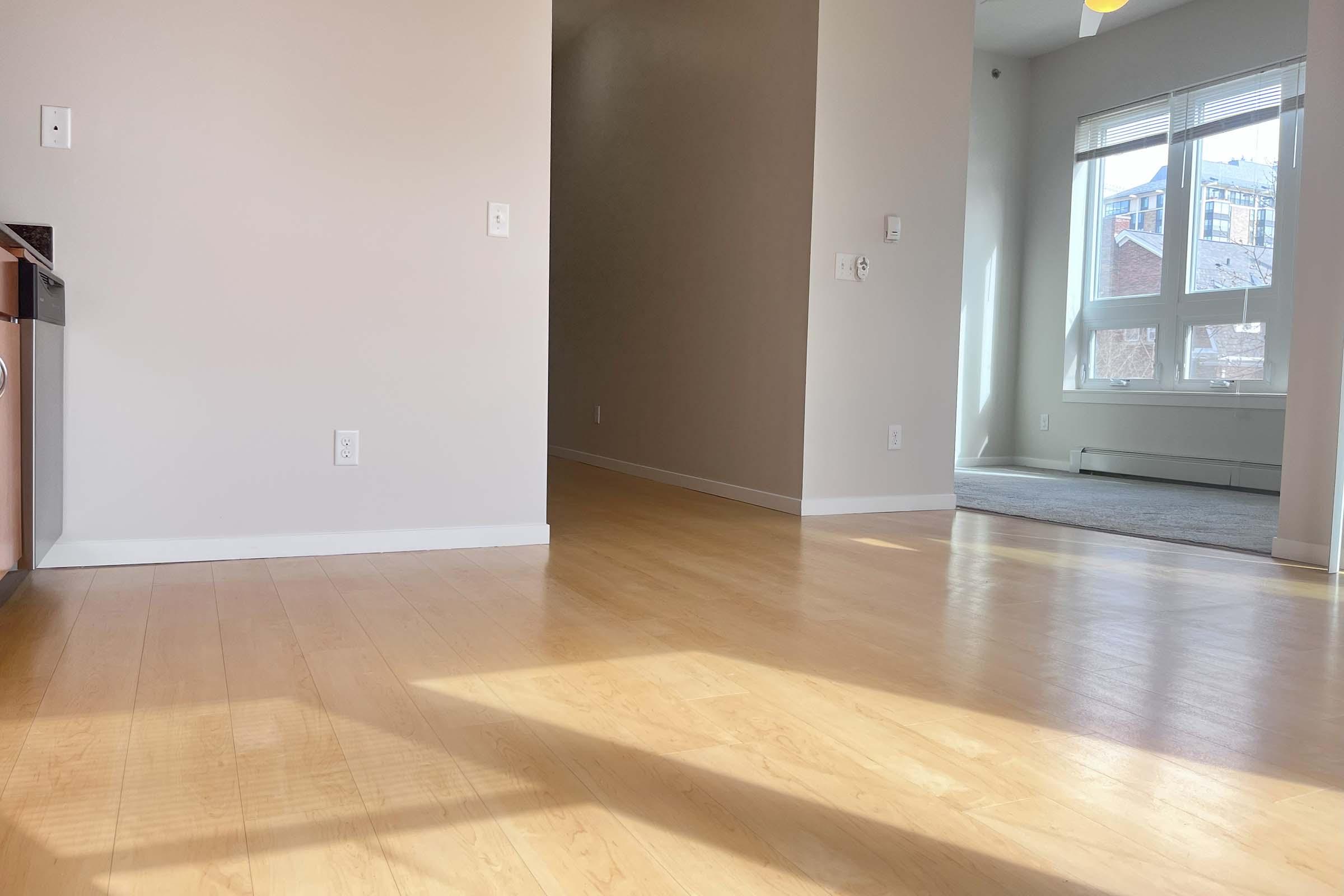 Spacious interior of a modern apartment, featuring light-colored hardwood flooring, neutral walls, and natural light streaming through large windows. The layout includes a kitchen area on the left and an empty living space or hallway leading to another room, creating a bright and open atmosphere.