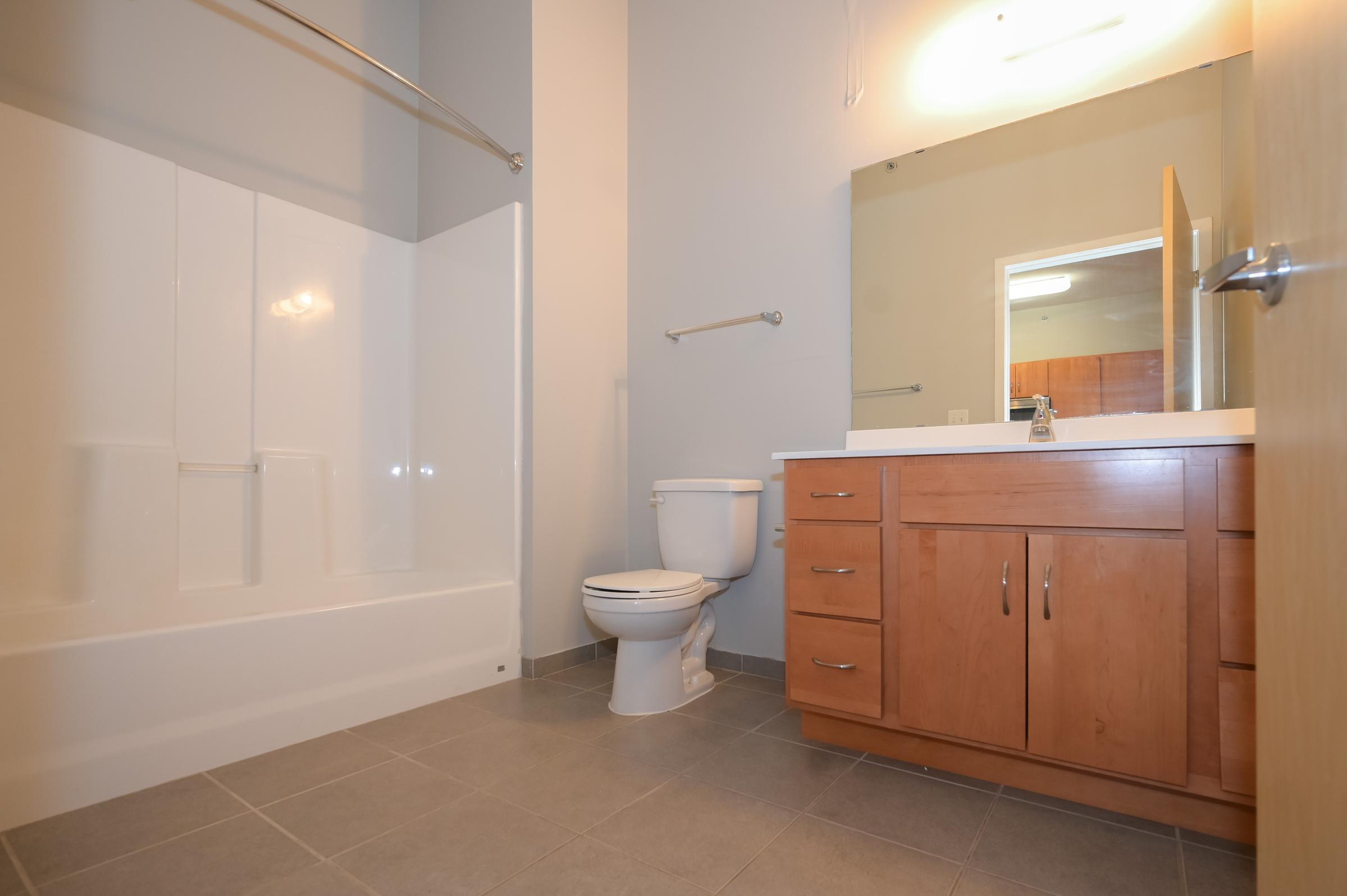 A modern bathroom featuring a white bathtub with a shower, a toilet, and a wooden vanity with a sink. The walls are painted a light color, and the floor is tiled with gray tiles. A large mirror reflects the simple yet clean design of the space. Natural light is present from a nearby window.