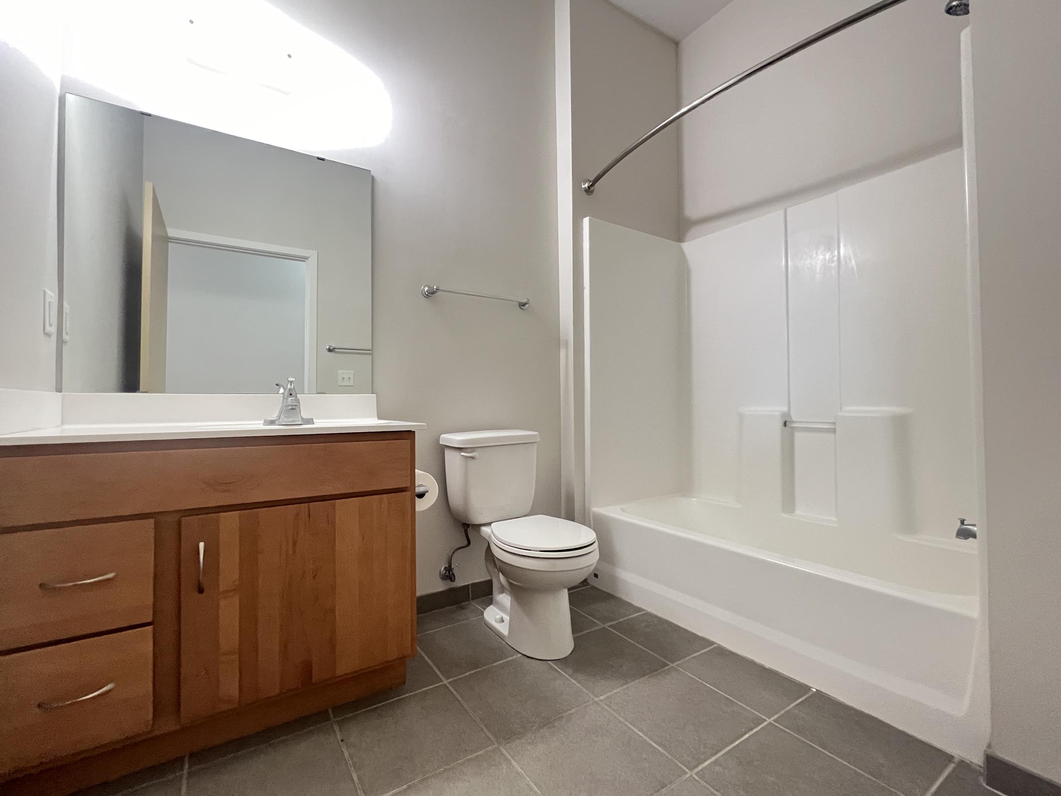 A clean, modern bathroom featuring a bathtub with a shower, a toilet, and a vanity with a sink. The walls are light-colored, and the floor is tiled with gray tiles. A large mirror is above the sink, and there is a towel bar on the wall. The overall design is minimalistic and functional.