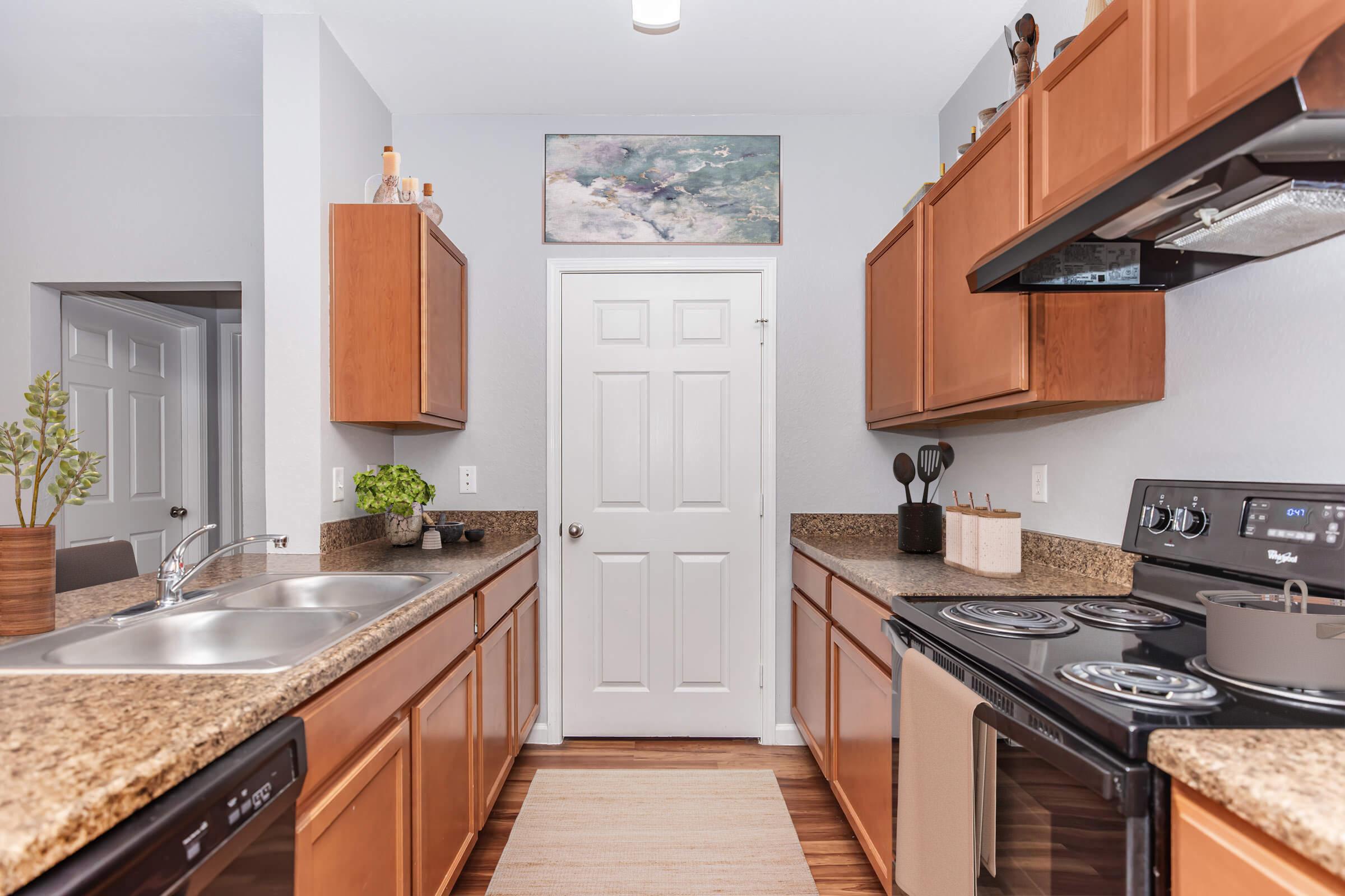 A modern kitchen featuring wood cabinets, granite countertops, and stainless steel appliances. The layout includes a double sink, an electric stove, and a door leading to another room. Decorative items are placed on the countertops, and a neutral-colored rug adds warmth to the space.