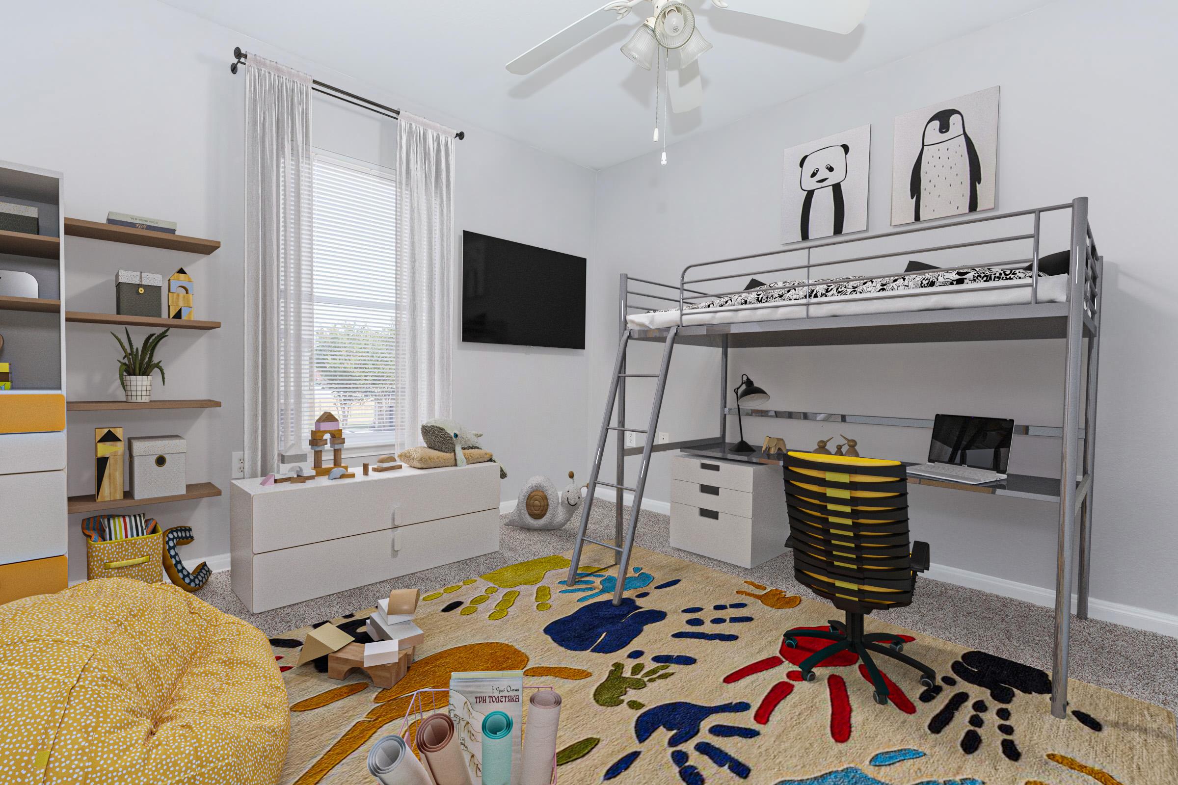 A cozy children's bedroom featuring a lofted bed with a ladder, a desk with a chair, and colorful decor. The room has light curtains, a TV on the wall, and a large area rug with handprint designs. Toys and storage bins are scattered around, creating a playful and inviting atmosphere.