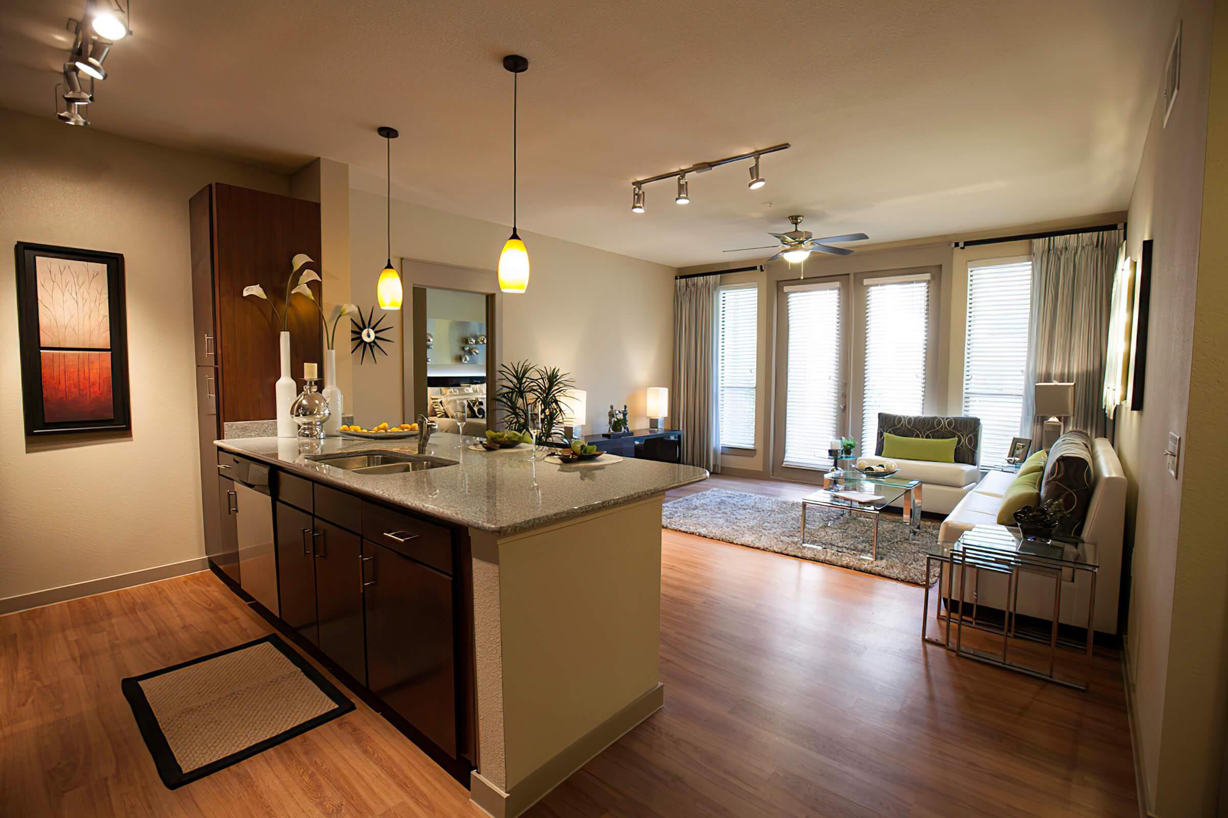 a modern living room with a wood floor
