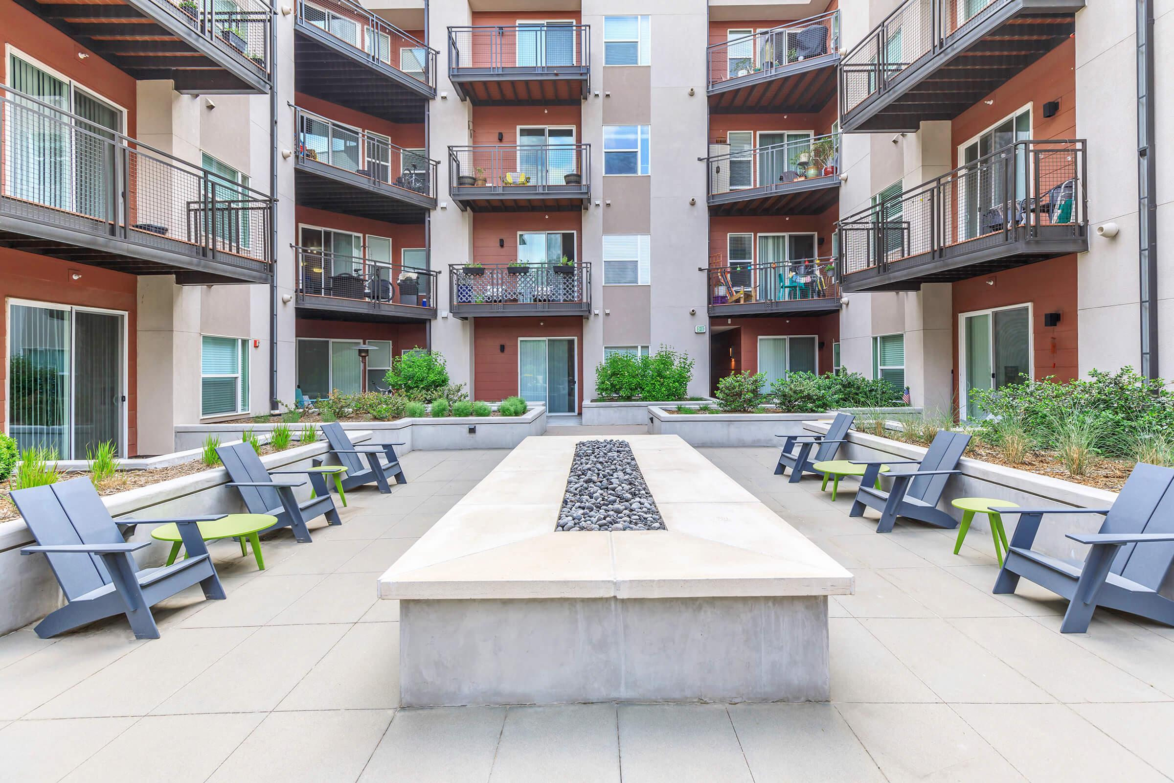 a bench in front of a building