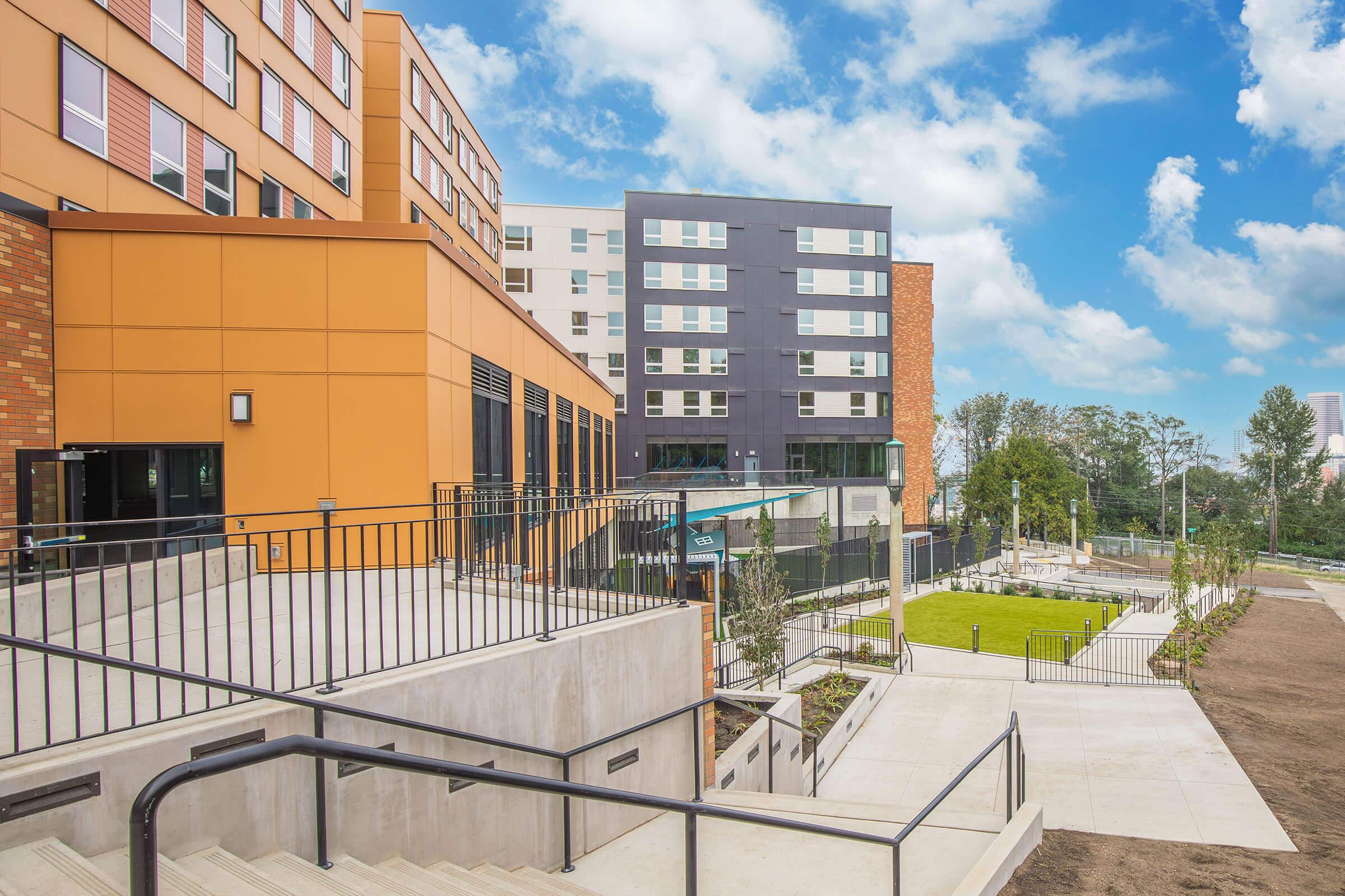 a building with a metal rail