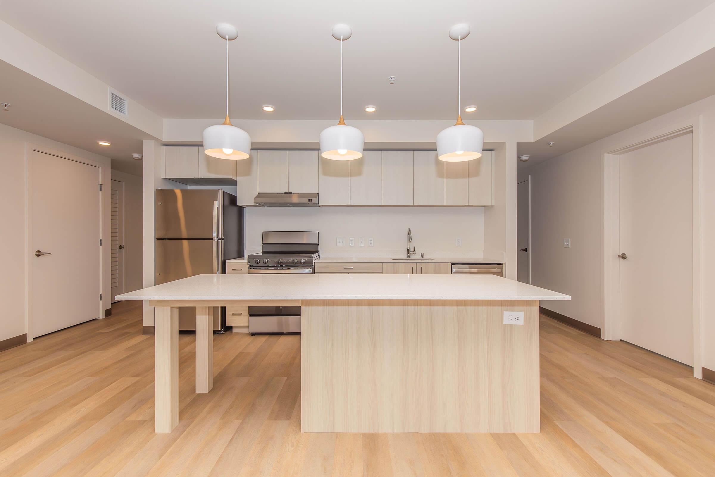 a kitchen with wooden cabinets and a hard wood floor