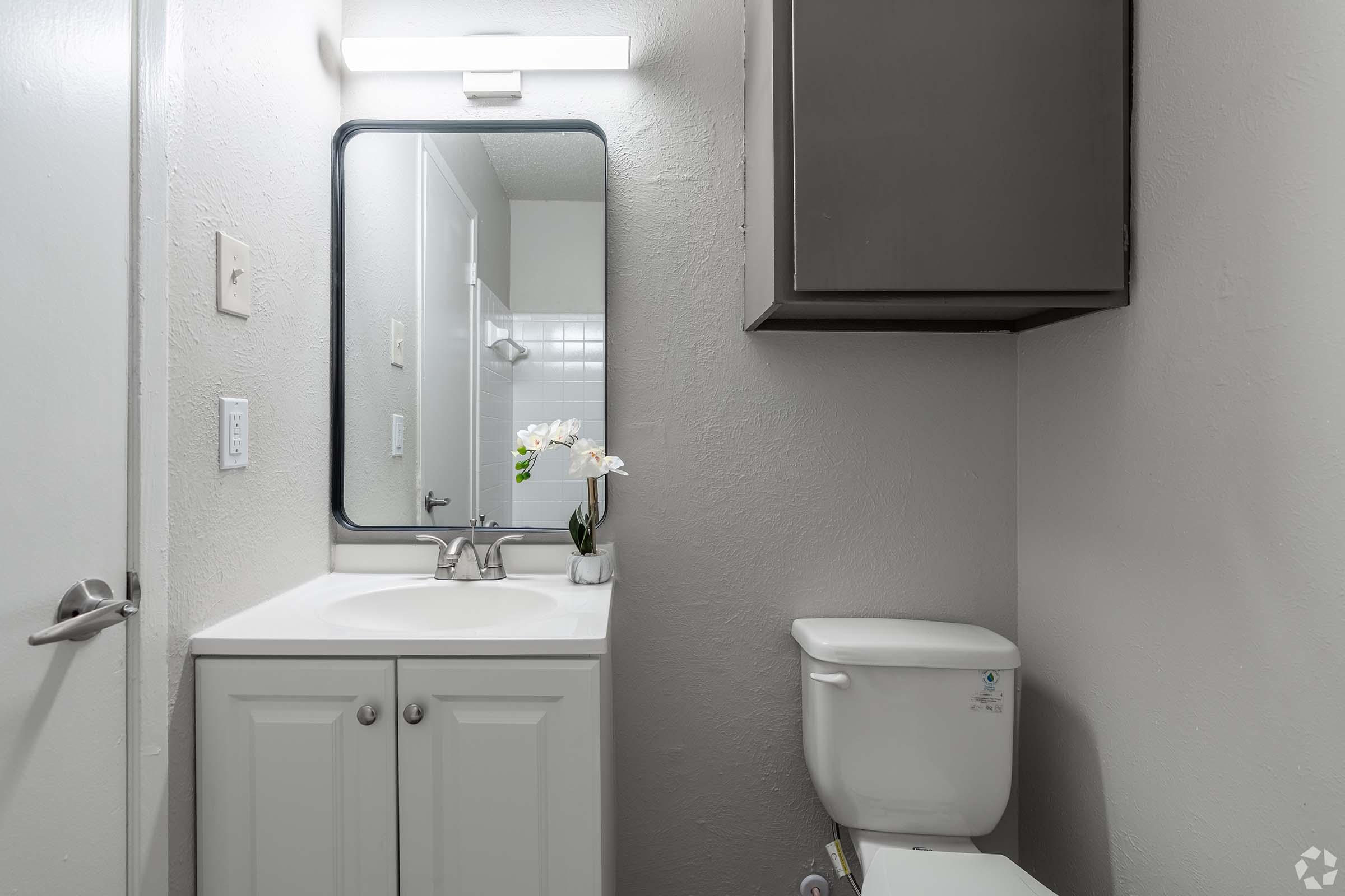 A small bathroom featuring a compact vanity with a sink and mirror, a toilet beside it, and a dark cabinet overhead. A white flower arrangement sits on the vanity. The walls are painted light gray, and there are tiles in the shower area visible through a door in the background.