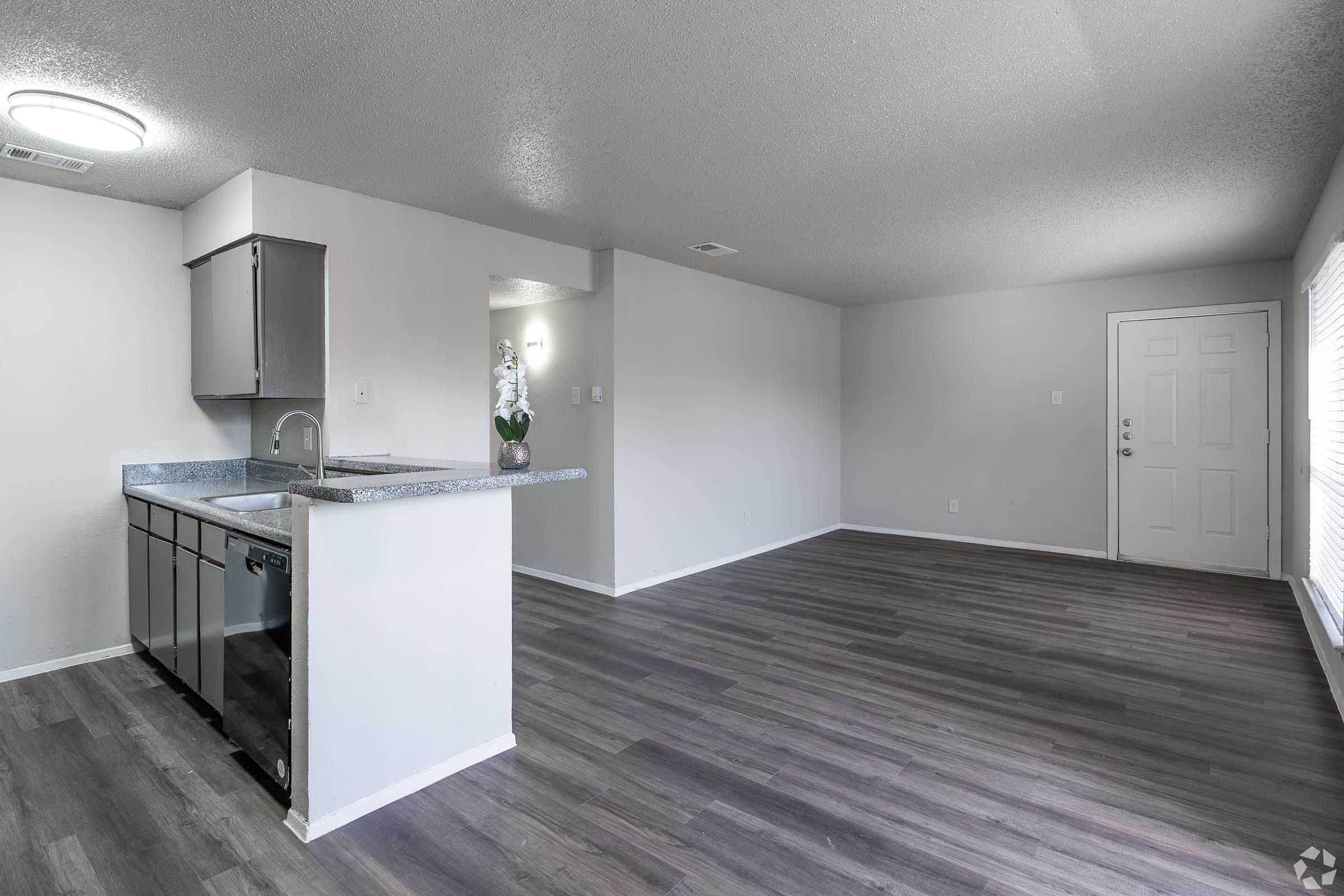 Modern living room and kitchen area in an apartment, featuring an open layout, light-colored walls, and wood-style flooring. The kitchen has stainless steel appliances and a granite countertop. A door leads to the exterior, and there is natural light coming from a window.