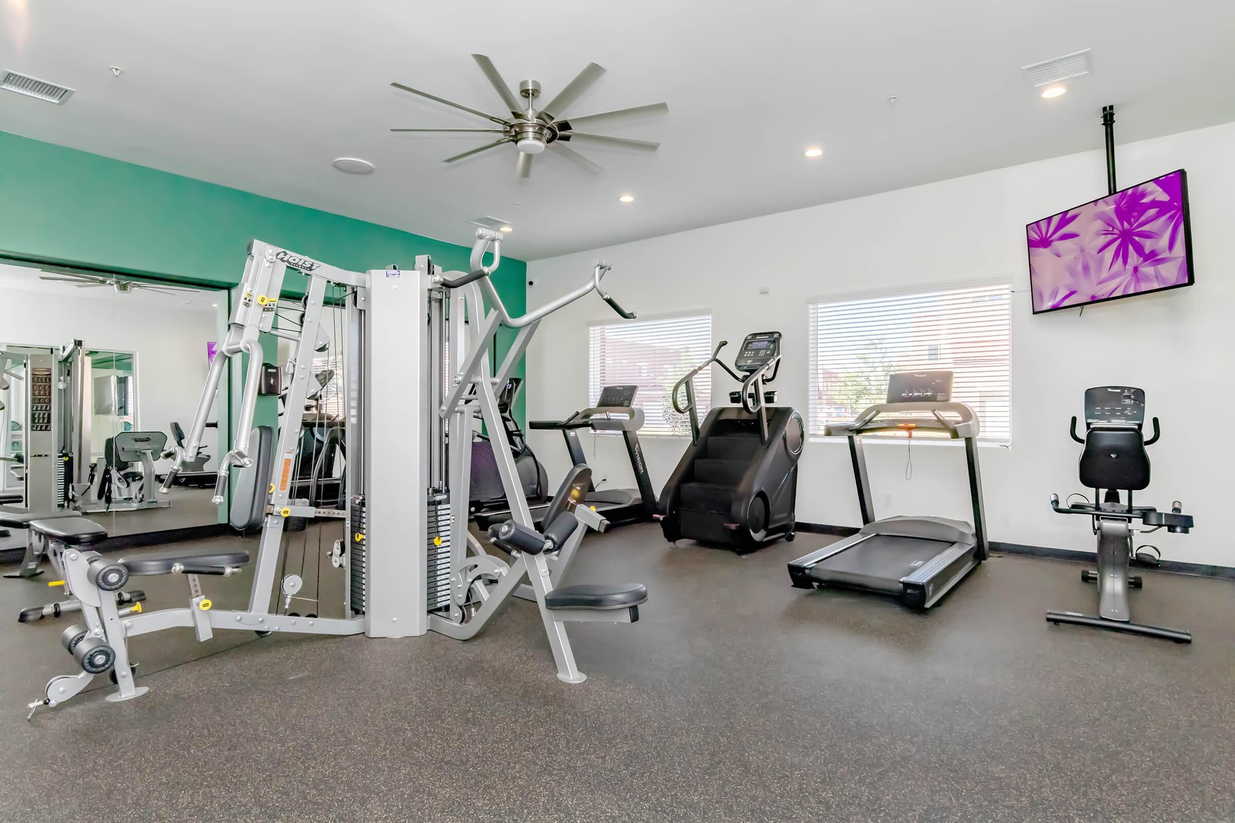 A modern gym interior featuring various exercise equipment, including a multi-gym strength machine, treadmills, and stationary bikes. Natural light flows in through large windows, and a ceiling fan enhances ventilation. A wall-mounted TV displays colorful images, adding a vibrant touch to the space.