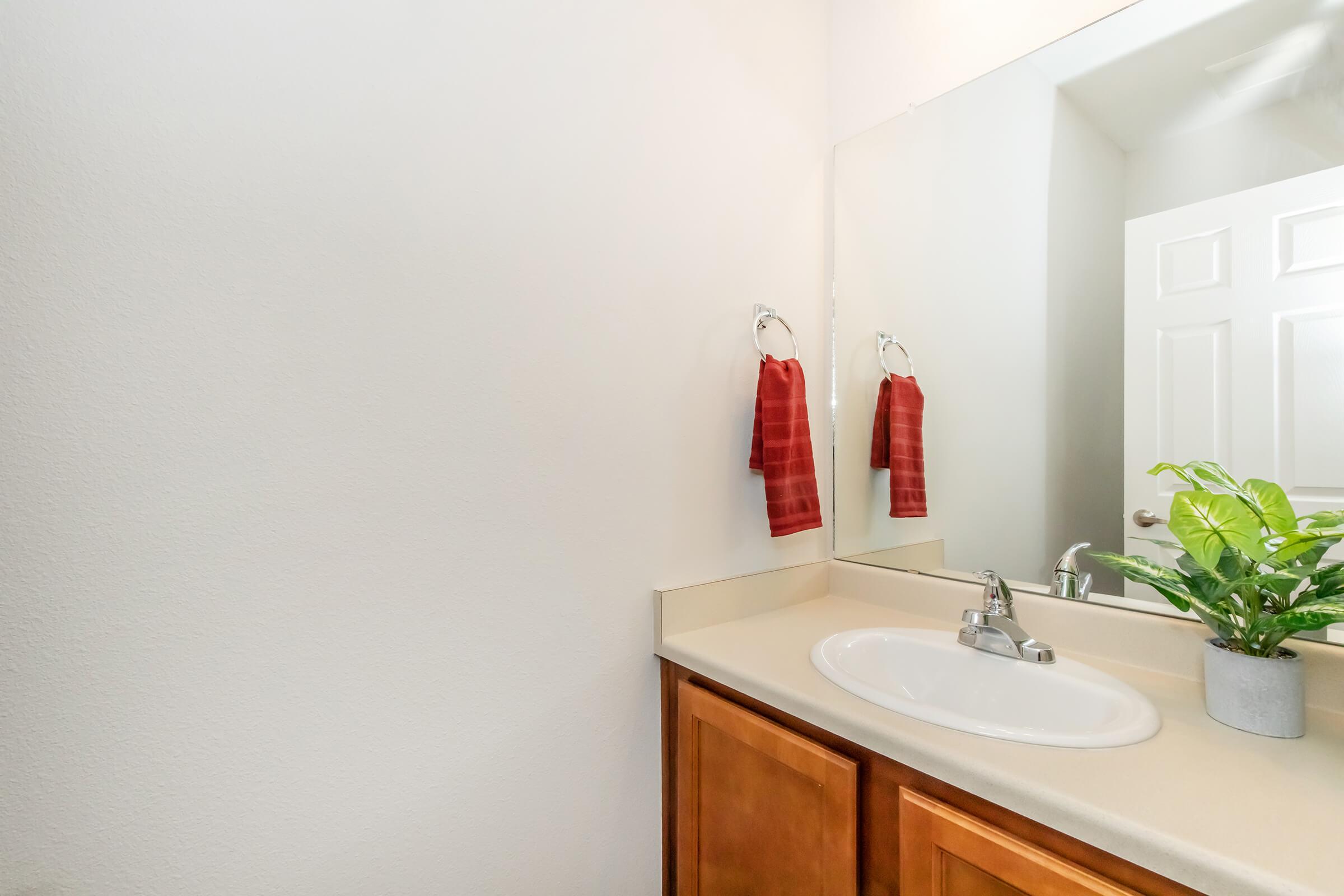 A well-lit bathroom featuring a small sink with a light-colored countertop, a mirror above it, and a wall adorned with two red towels hung on towel rings. A potted plant sits on the counter, adding a touch of greenery to the space. The walls are painted a soft white, creating a clean and tidy ambiance.