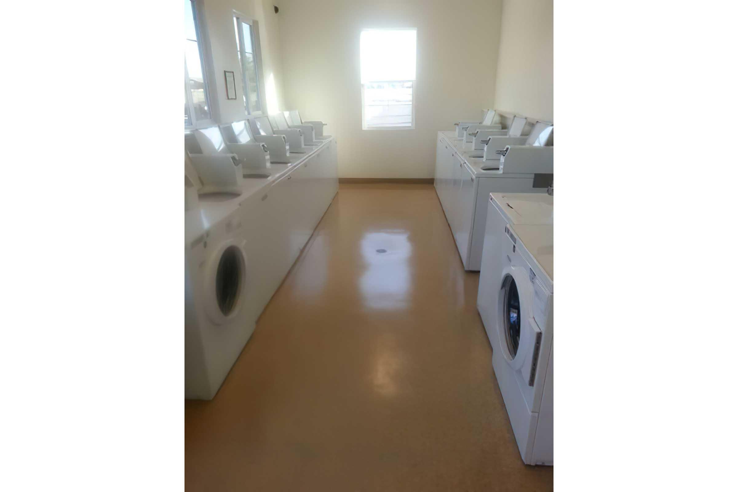 A clean and spacious laundry room featuring several white washing machines and dryers arranged in rows.