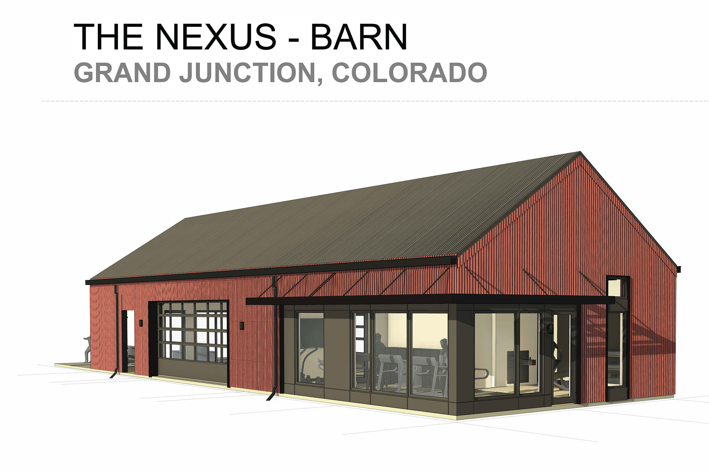 Illustration of "The Nexus - Barn" building location in Grand Junction, Colorado. The design features a red exterior with a sloped roof, large glass windows, and a modern entryway. The layout appears spacious and inviting, suitable for various uses.