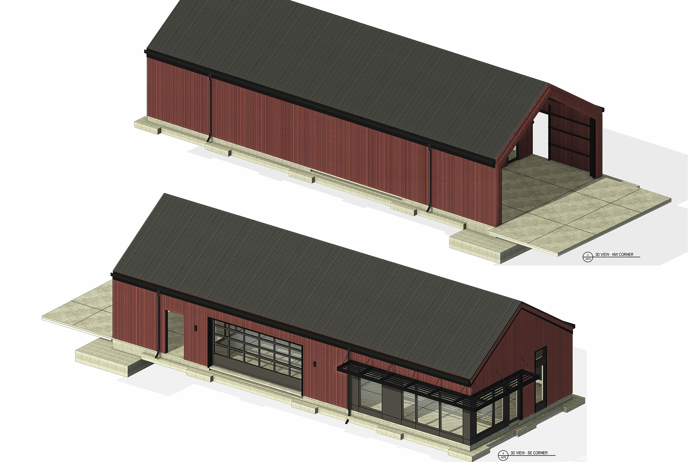 A 3D architectural rendering of a building with a red wooden exterior and a dark green roof. The design features a large glass window and an open side entrance, set on a concrete base. The image displays the building from two different angles, emphasizing its modern style and structure.