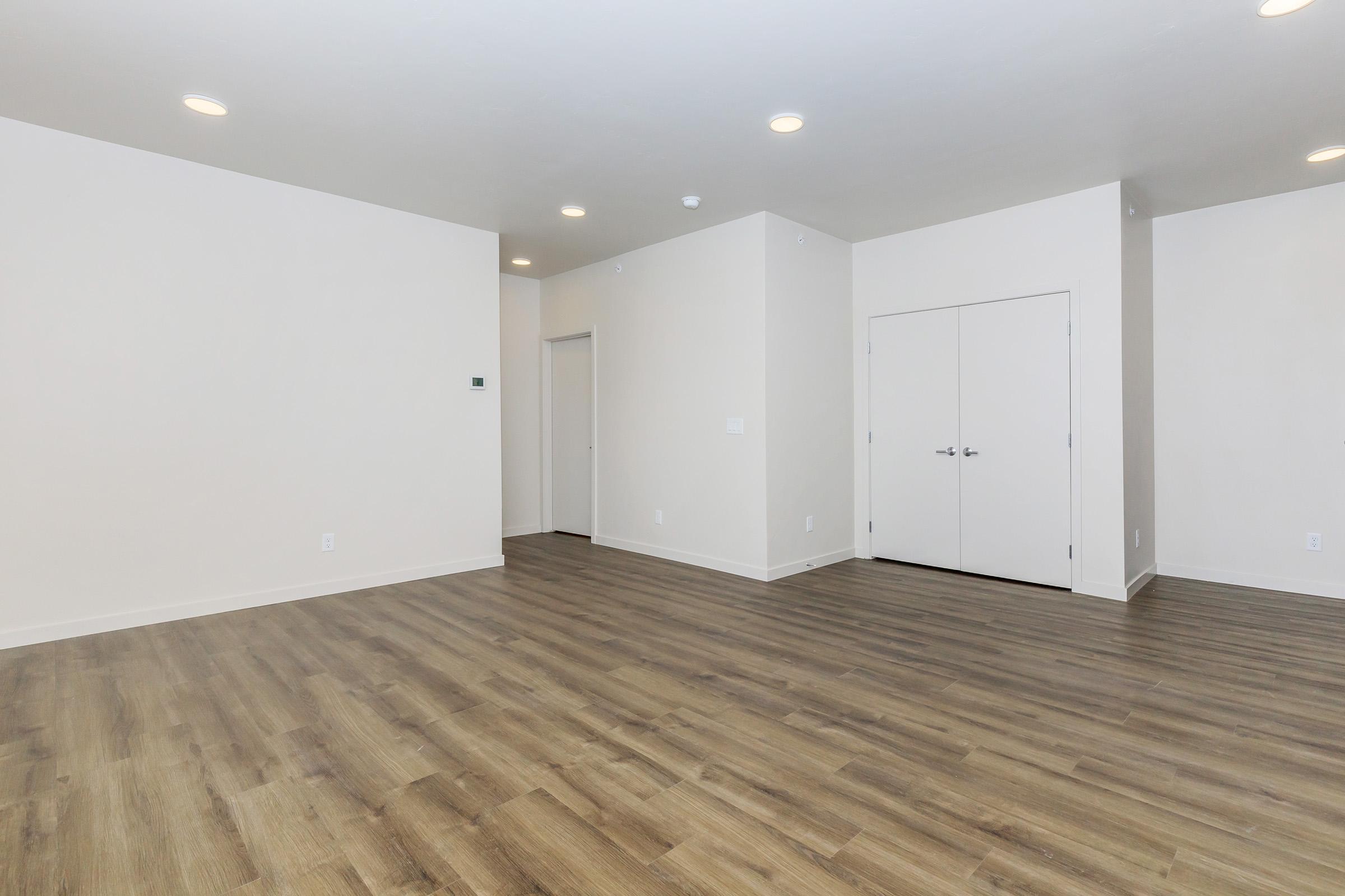 A spacious, empty room with light-colored walls and modern wood-like flooring. The area features recessed lighting and a double-door closet on one side. The overall design is minimalistic and bright, with an open layout that allows for versatile furnishing options.