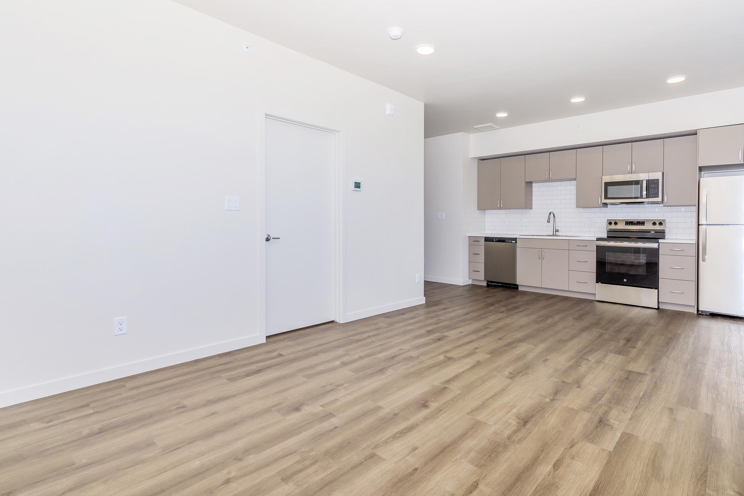 A modern, minimalistic kitchen and living area with light-colored walls and wood laminate flooring. The kitchen features gray cabinets, stainless steel appliances, a microwave, and a white backsplash. A closed door is visible in the back, and the space feels open and airy. Natural light brightens the room.