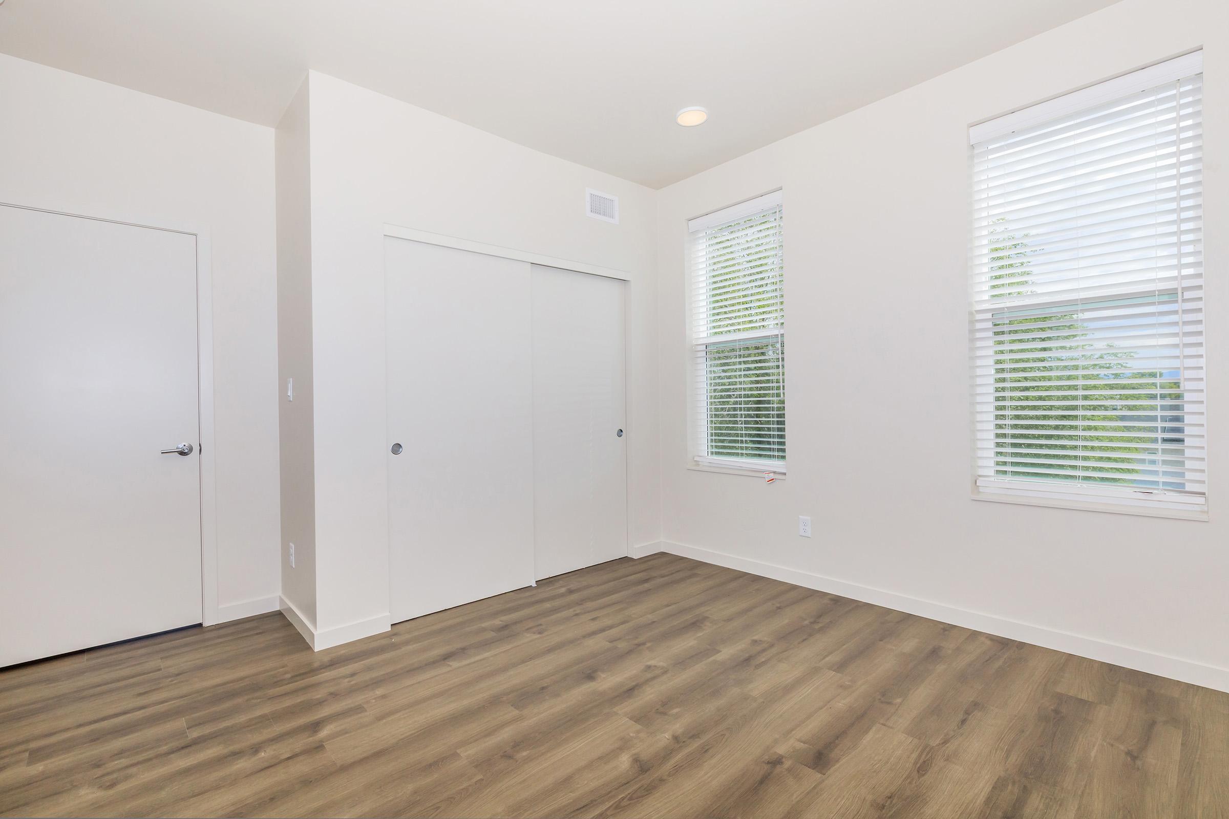 A bright, empty room with light-colored walls and hardwood flooring. Features include two large windows with white blinds, a closet with sliding doors, and a closed door on the left. The space has ample natural light and a clean, modern aesthetic.