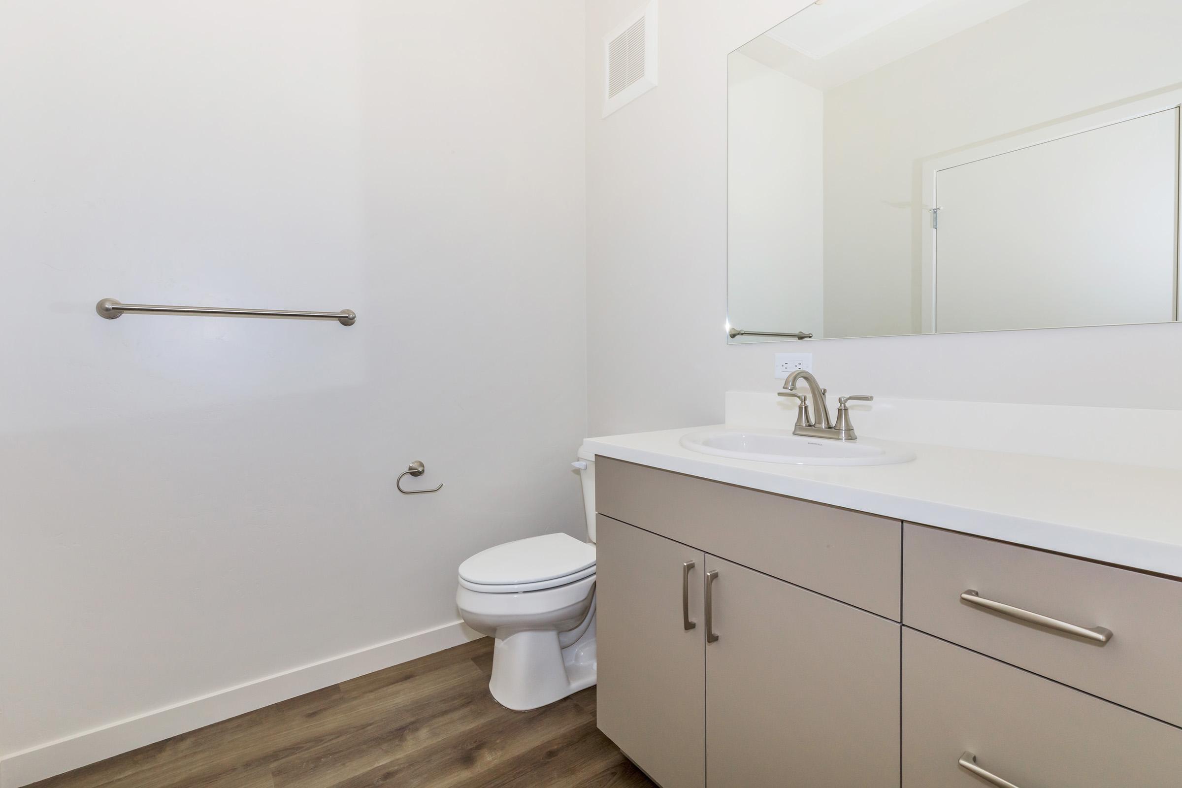 A clean, modern bathroom featuring a white toilet, a sleek countertop with a sink, and a large mirror. The walls are painted in a light color, and there is a grab bar on the wall. The flooring is wooden, and a door is visible in the background.