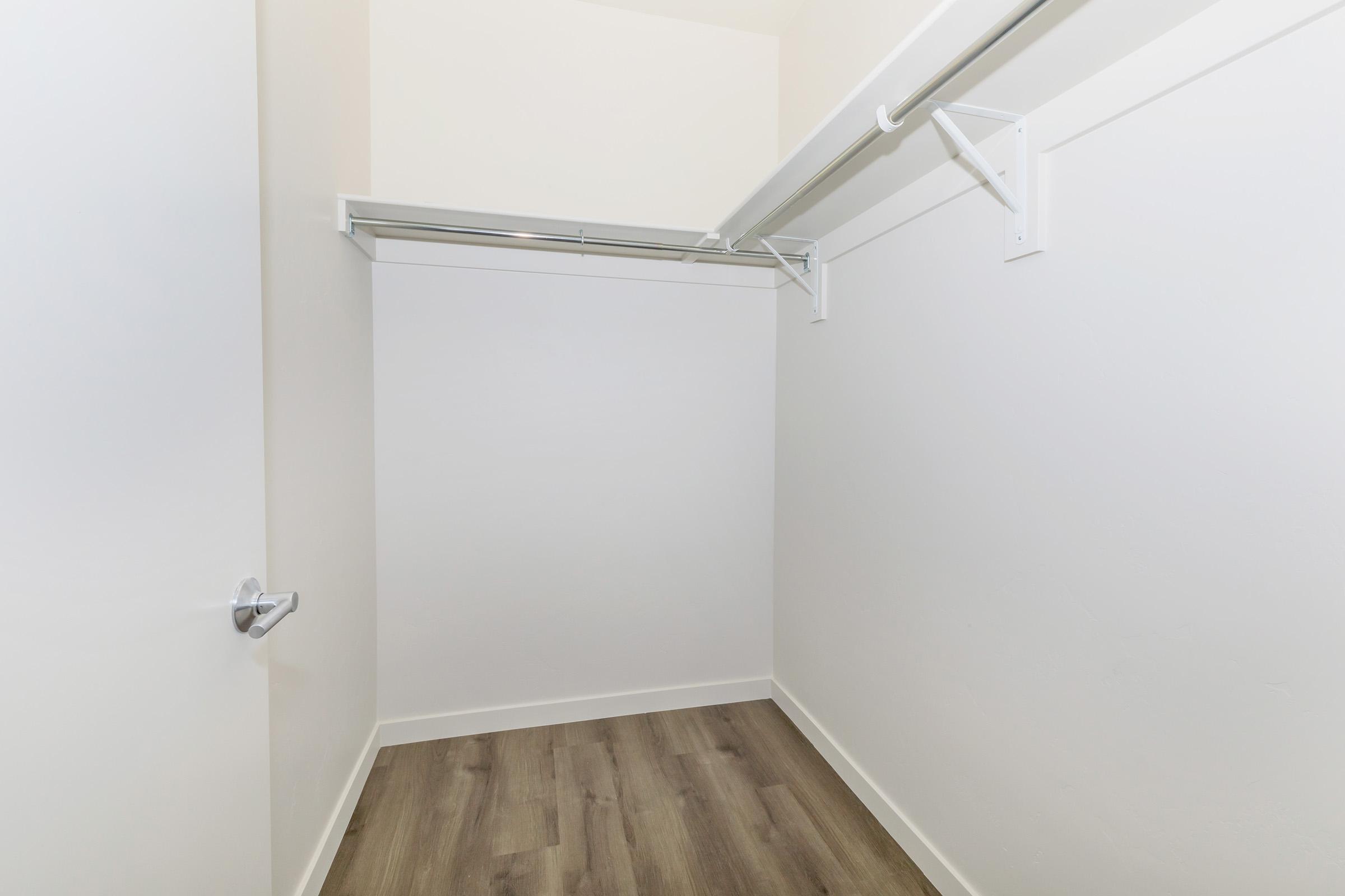 A spacious empty closet featuring white walls, a single hanging rod, and light-colored wooden flooring, providing a clean and minimalistic storage space.