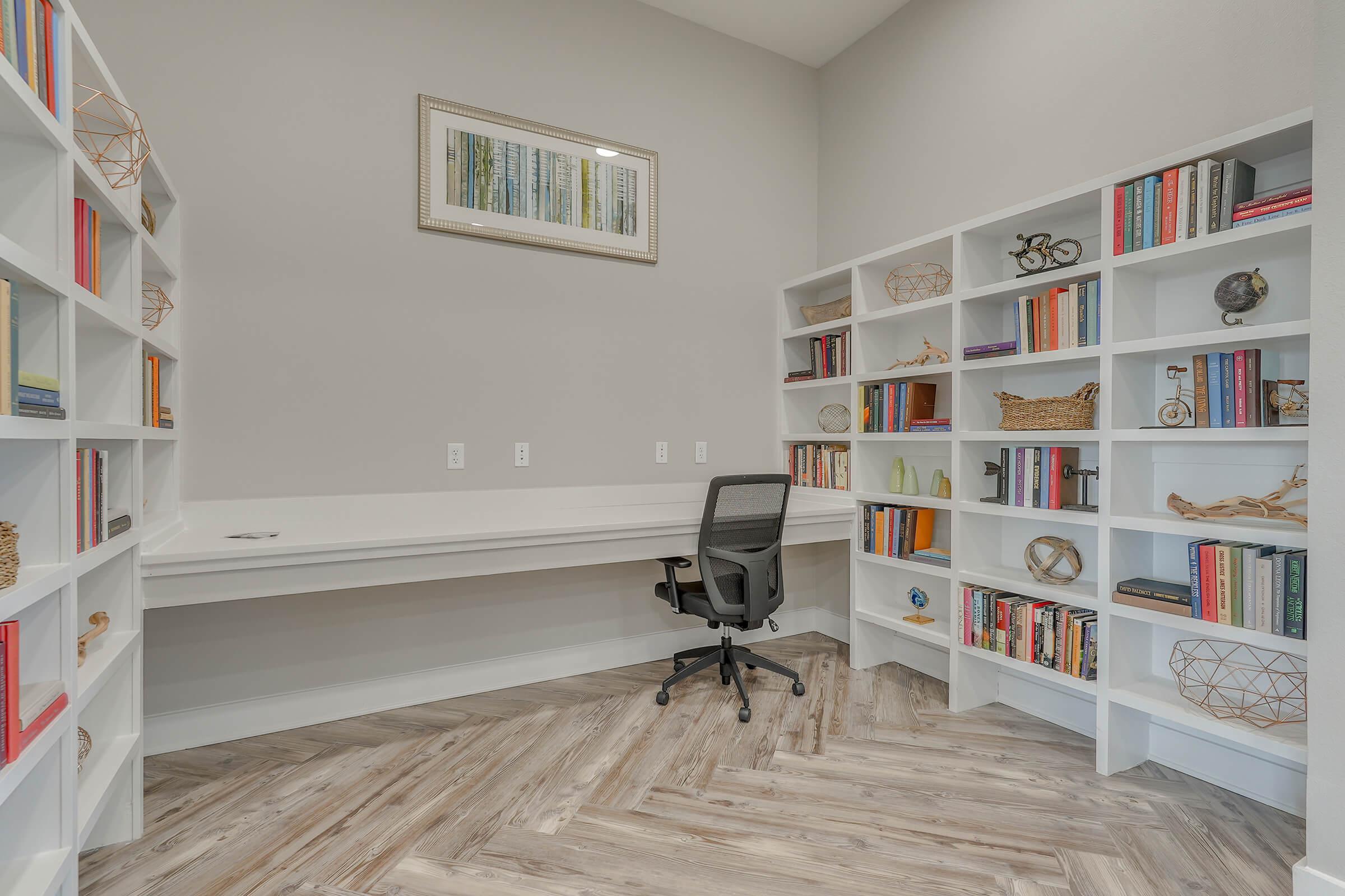 a room with a book shelf