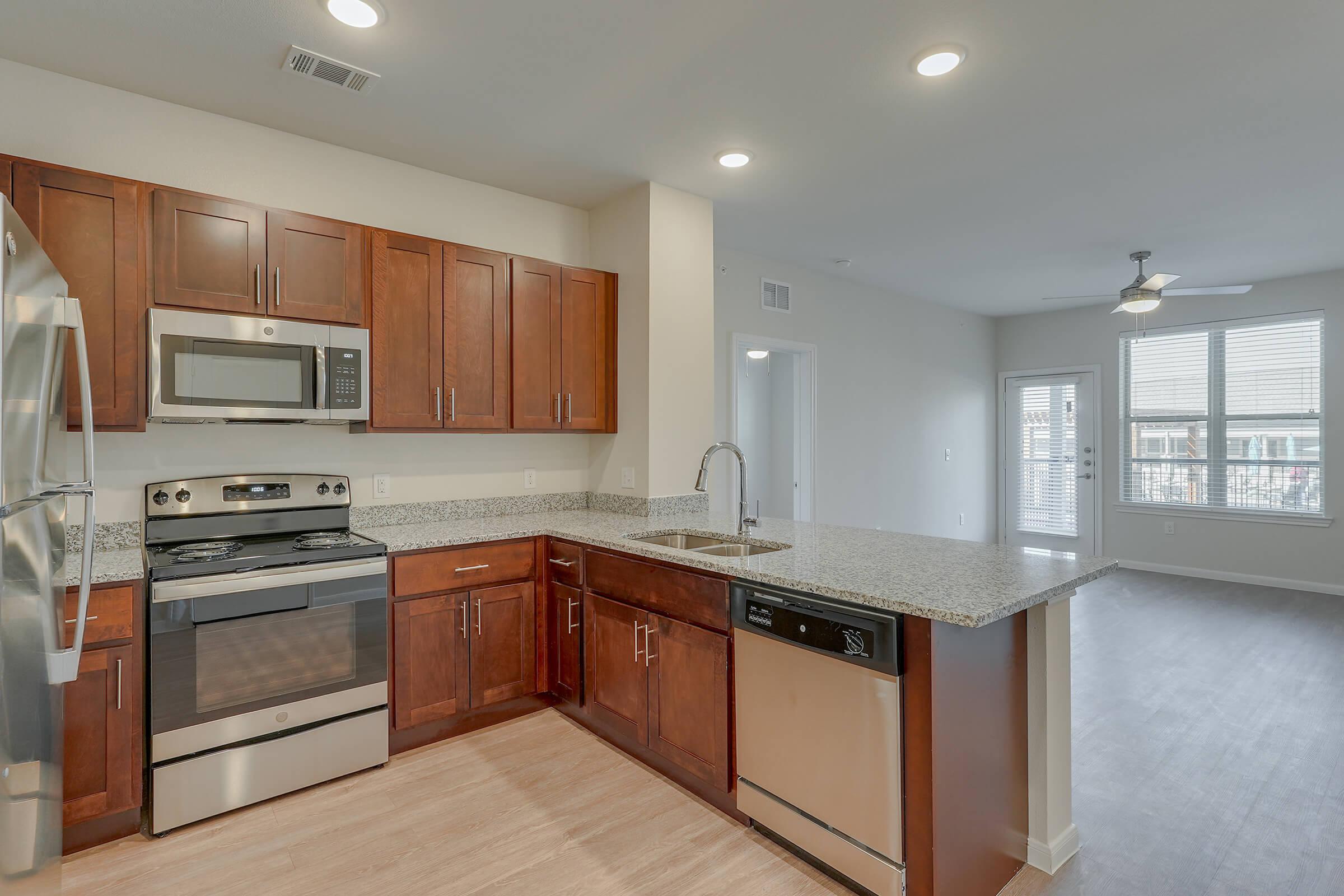 Apartments for Rent in Pflugerville TX – Legacy Ranch at Dessau East Kitchen With Stainless Steel Appliances, and Modern Dark Wood Cabinets