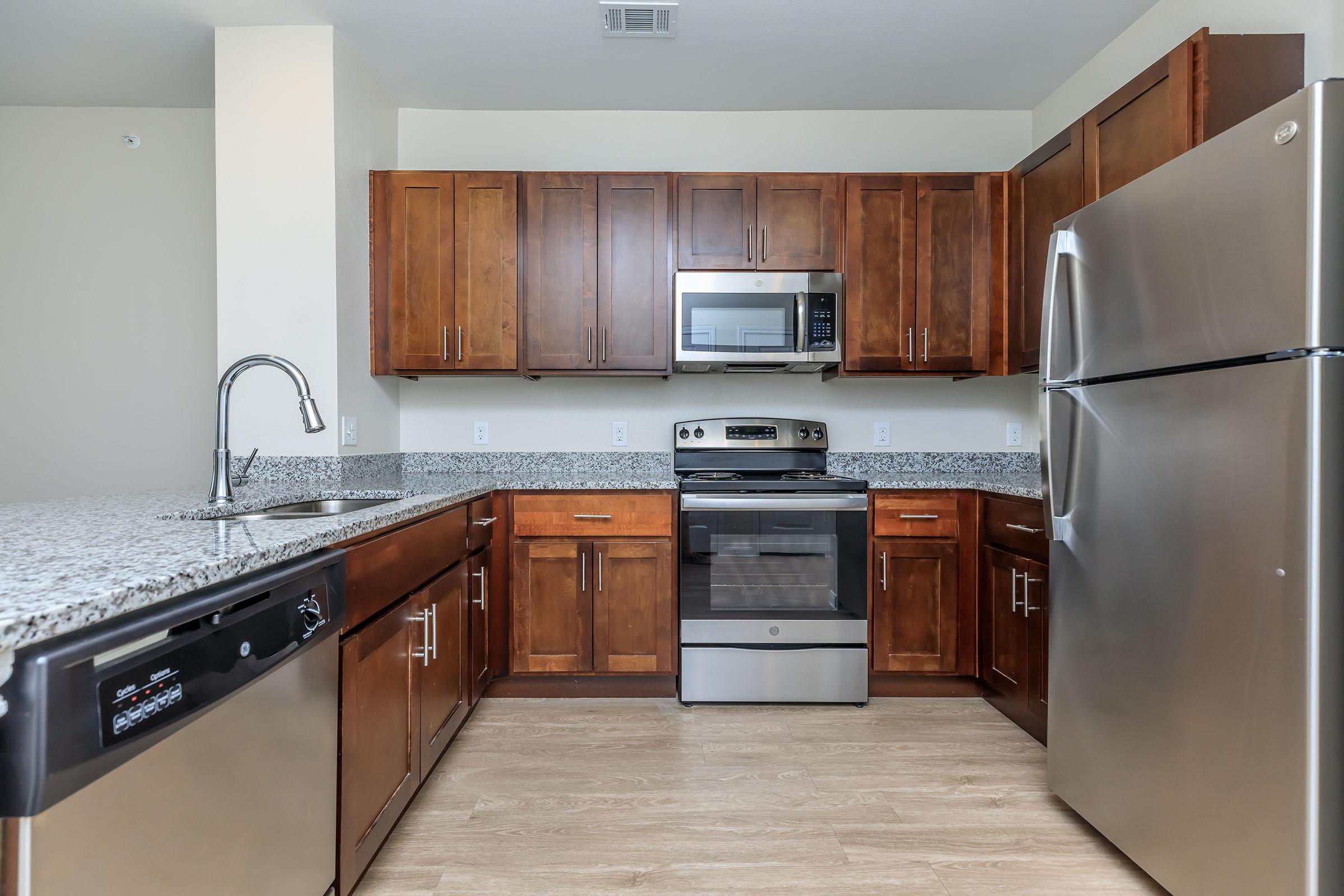 Pflugerville TX Senior Apartments - Legacy Ranch at Dessau East - Kitchen with Stainless Steel Appliances and Wood Cabinetry