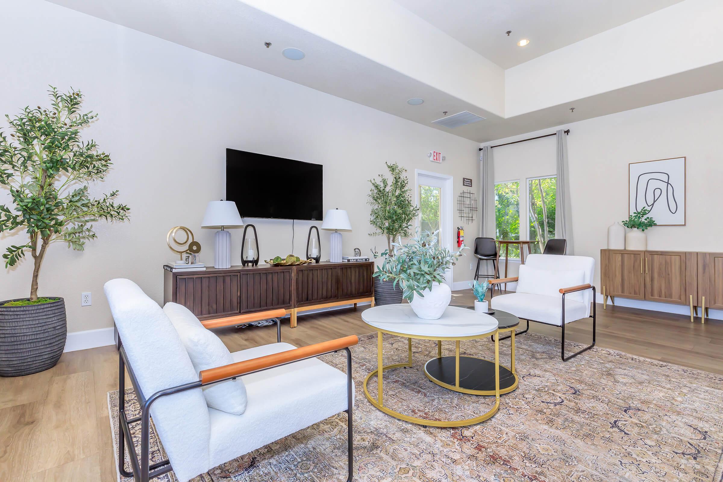 A modern living room featuring a light color palette with elegant furniture. There are two white armchairs with wooden armrests, a round coffee table with a potted plant, and a dark wooden sideboard. A large TV is mounted on the wall, and there are decorative plants adding greenery. Natural light enters through a window.