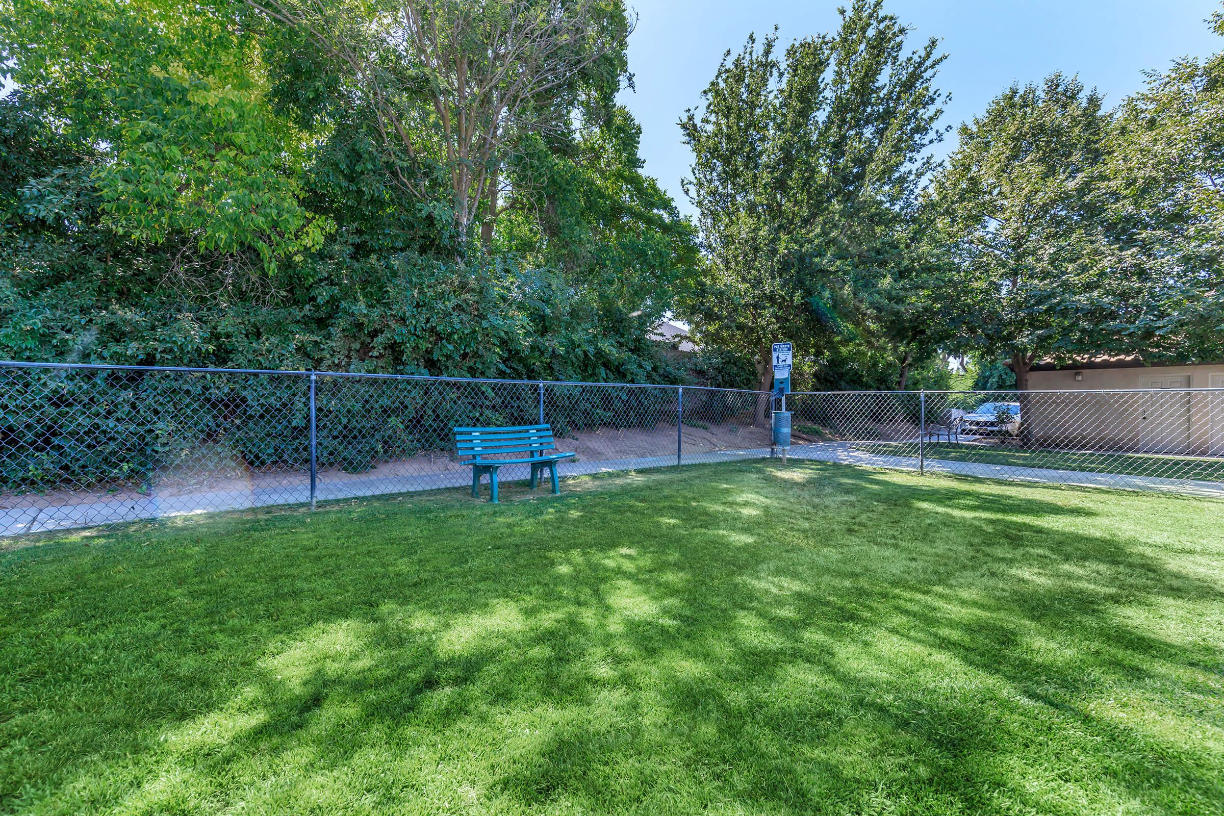 A green park area featuring a chain-link fence, a grassy lawn, and a blue bench under the shade of leafy trees. Sunlight casts shadows on the ground, creating a tranquil outdoor space suitable for relaxation.