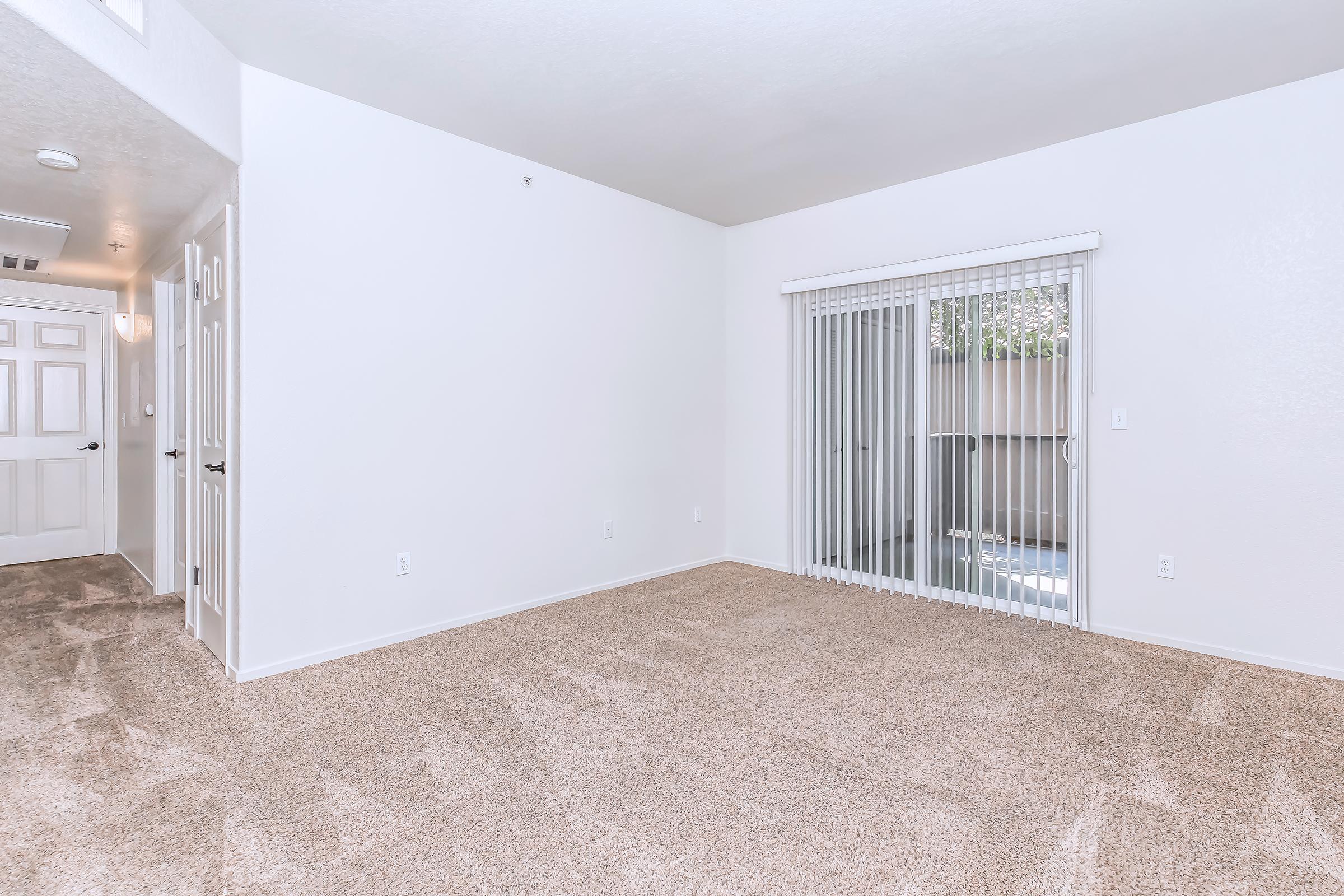 Spacious, empty room with beige carpet and white walls. A sliding glass door leads to an outdoor area, allowing natural light to enter. There are doors visible on the left, likely leading to other rooms or a closet. The overall atmosphere is bright and clean, suitable for various layouts.