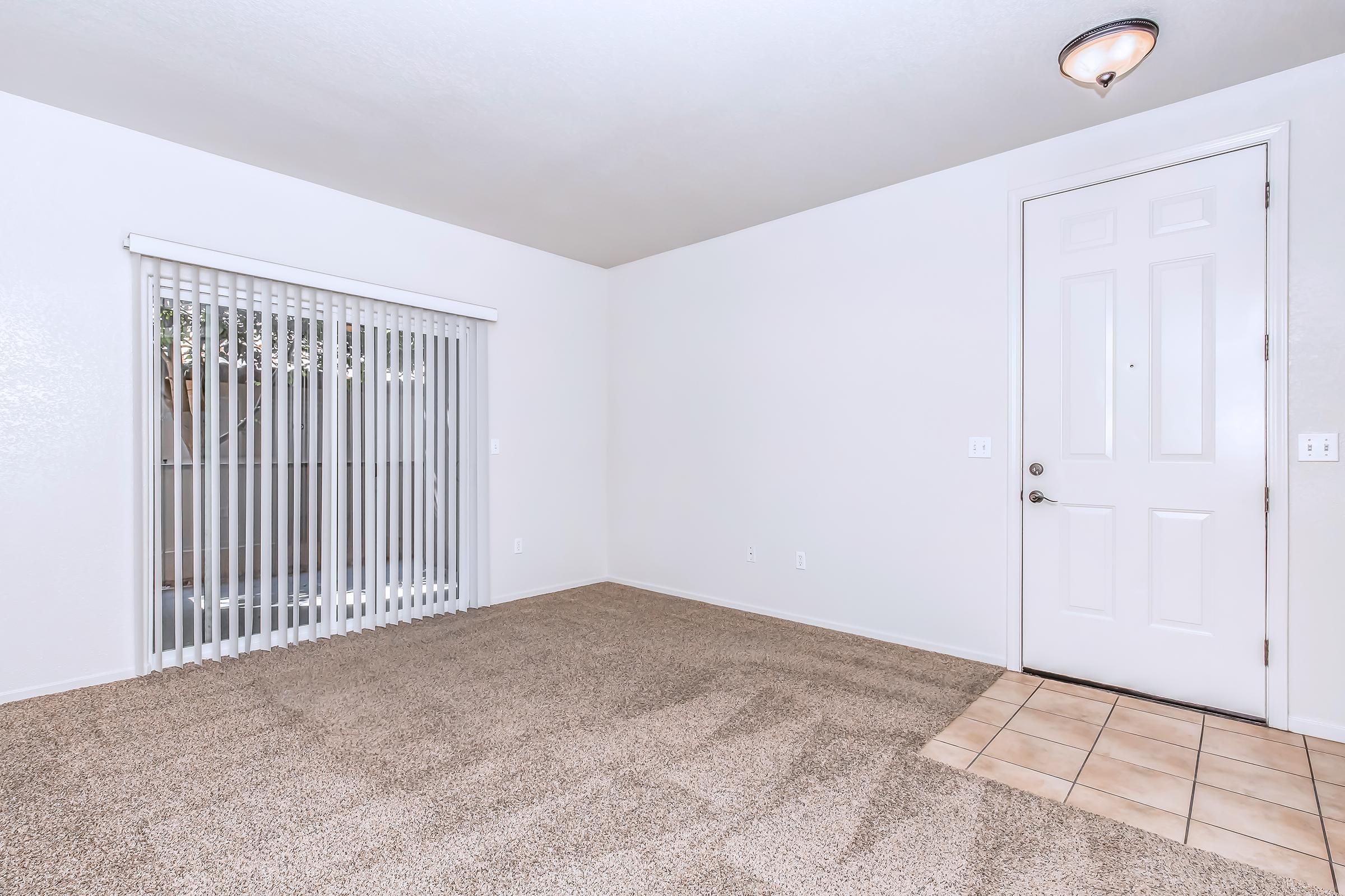 Empty living room featuring beige carpet flooring, a white wall with a sliding glass door that has vertical blinds, and a front door with a light fixture above. The space is well-lit and appears ready for furnishing.