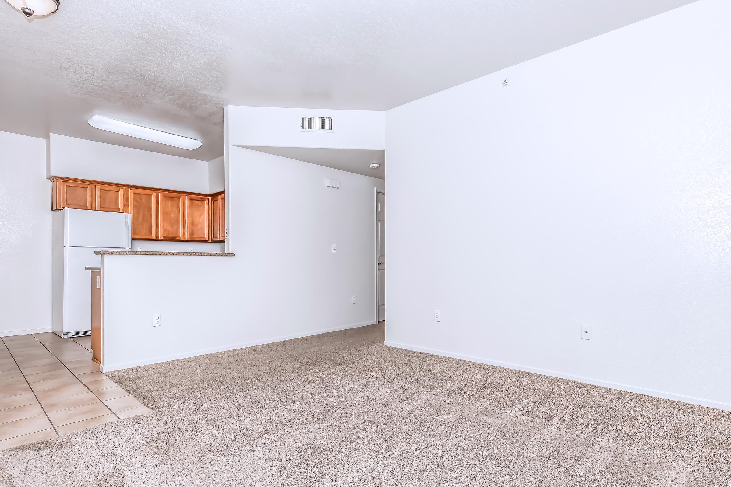 Interior view of a spacious living area in an apartment. The floor is carpeted, with a kitchen area visible featuring wooden cabinets, a white refrigerator, and a countertop. The walls are painted white, creating a bright and airy atmosphere.