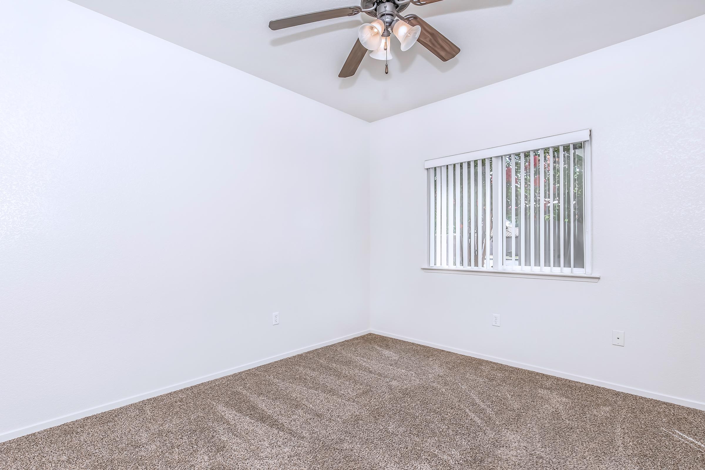 Empty room with beige carpet flooring, white walls, and a ceiling fan with light fixtures. A window with white blinds allows natural light to enter. The room has no furniture, creating a spacious and minimalistic appearance.