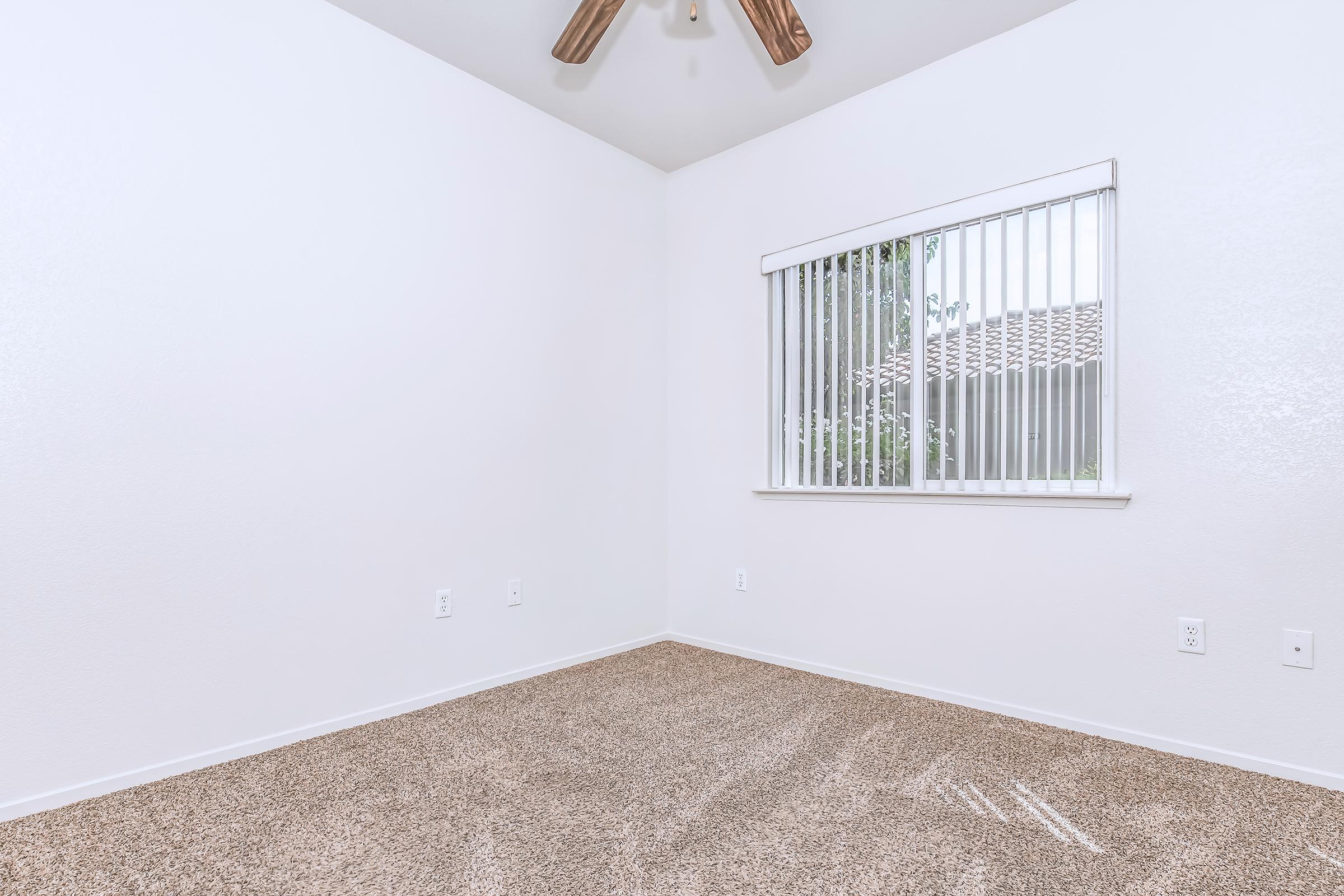Empty room with light beige carpet, white walls, and a ceiling fan. A window with vertical blinds allows natural light into the space, revealing an outdoor view with greenery. The room has no furniture, creating a spacious and minimalist appearance.