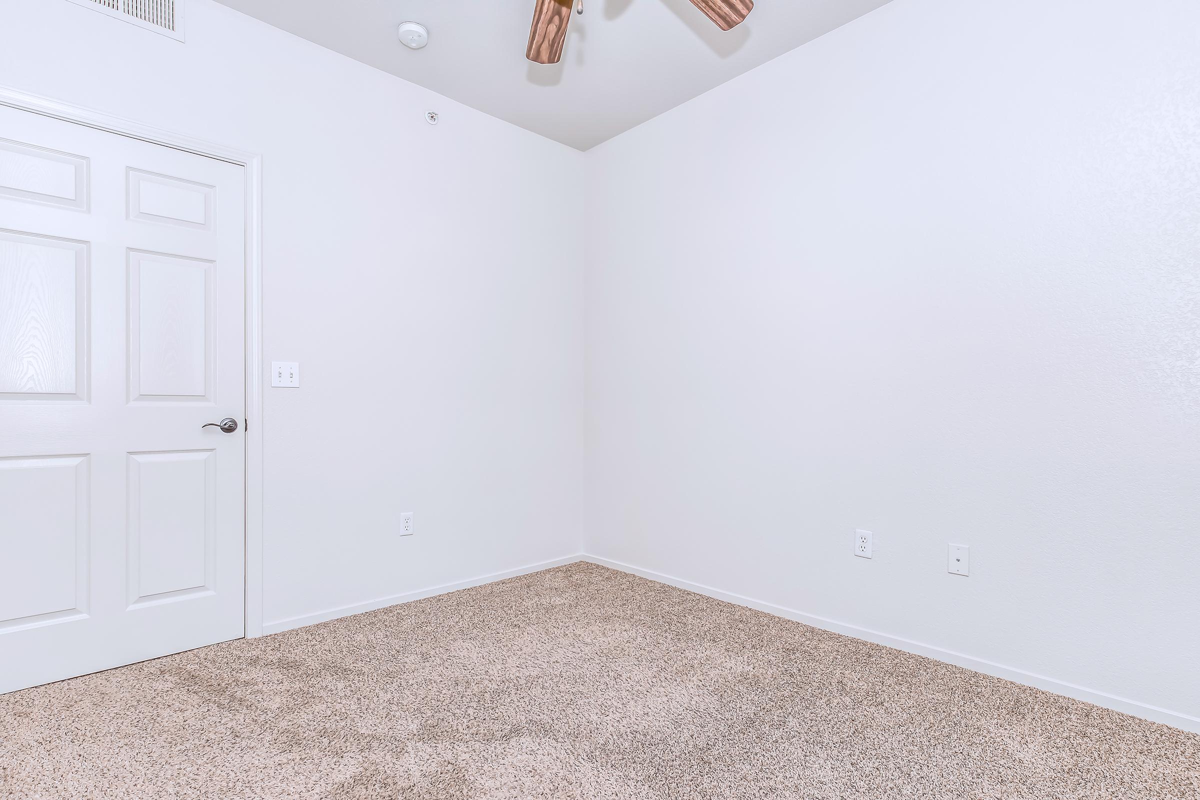 Empty room with beige carpet and white walls. A closed door is visible on the left side, and a ceiling fan with wooden blades hangs above. There are two wall outlets and a light switch on the walls, but no furniture or decorations are present. The overall atmosphere is neutral and minimalist.