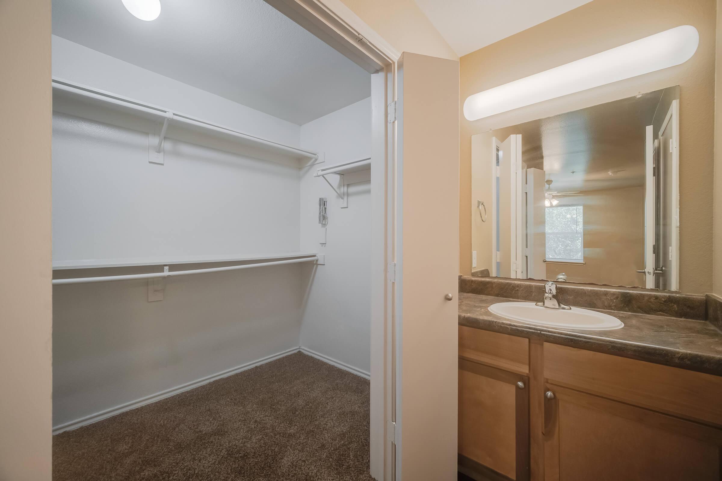 A well-lit bathroom with a mirror above a sink and wooden cabinetry. To the left, there is a spacious walk-in closet with shelving. The room features neutral-colored walls and carpet flooring, creating a warm and inviting atmosphere.