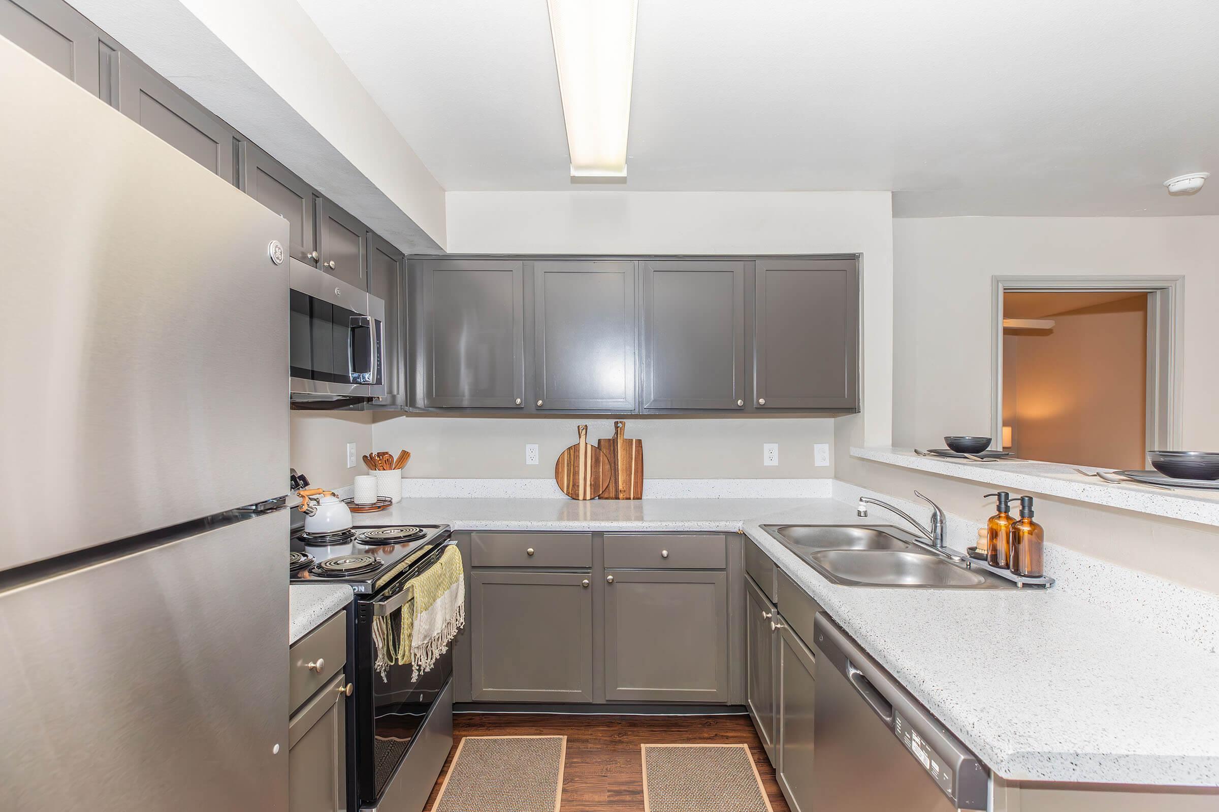 Modern kitchen featuring dark gray cabinets, stainless steel appliances, a granite countertop, and a double sink. There is a white wall separating the kitchen from another area, with decorative items on the countertop. The space is well-lit with a ceiling light.