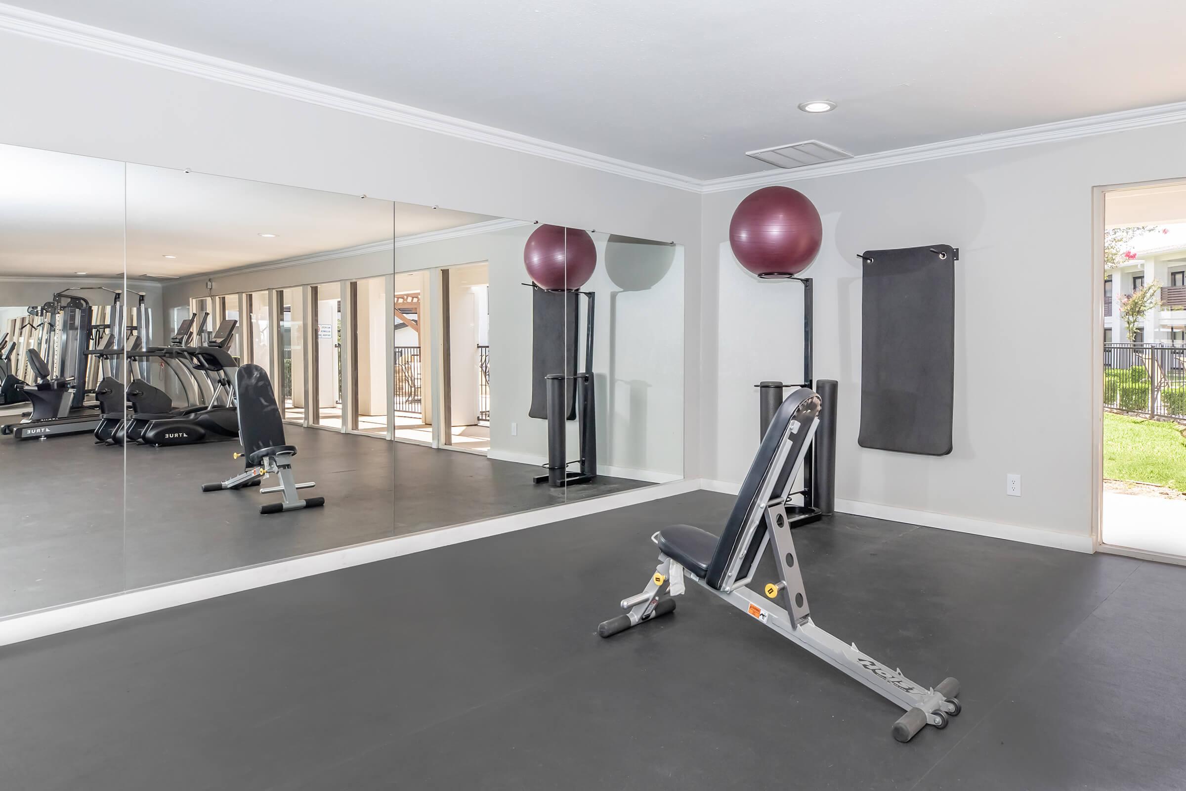 A modern gym interior featuring a black workout bench, exercise equipment reflected in a large mirror, and a stability ball on a rack. The space is well-lit with natural light coming from large windows, and a clean, minimalist design enhances the workout environment.