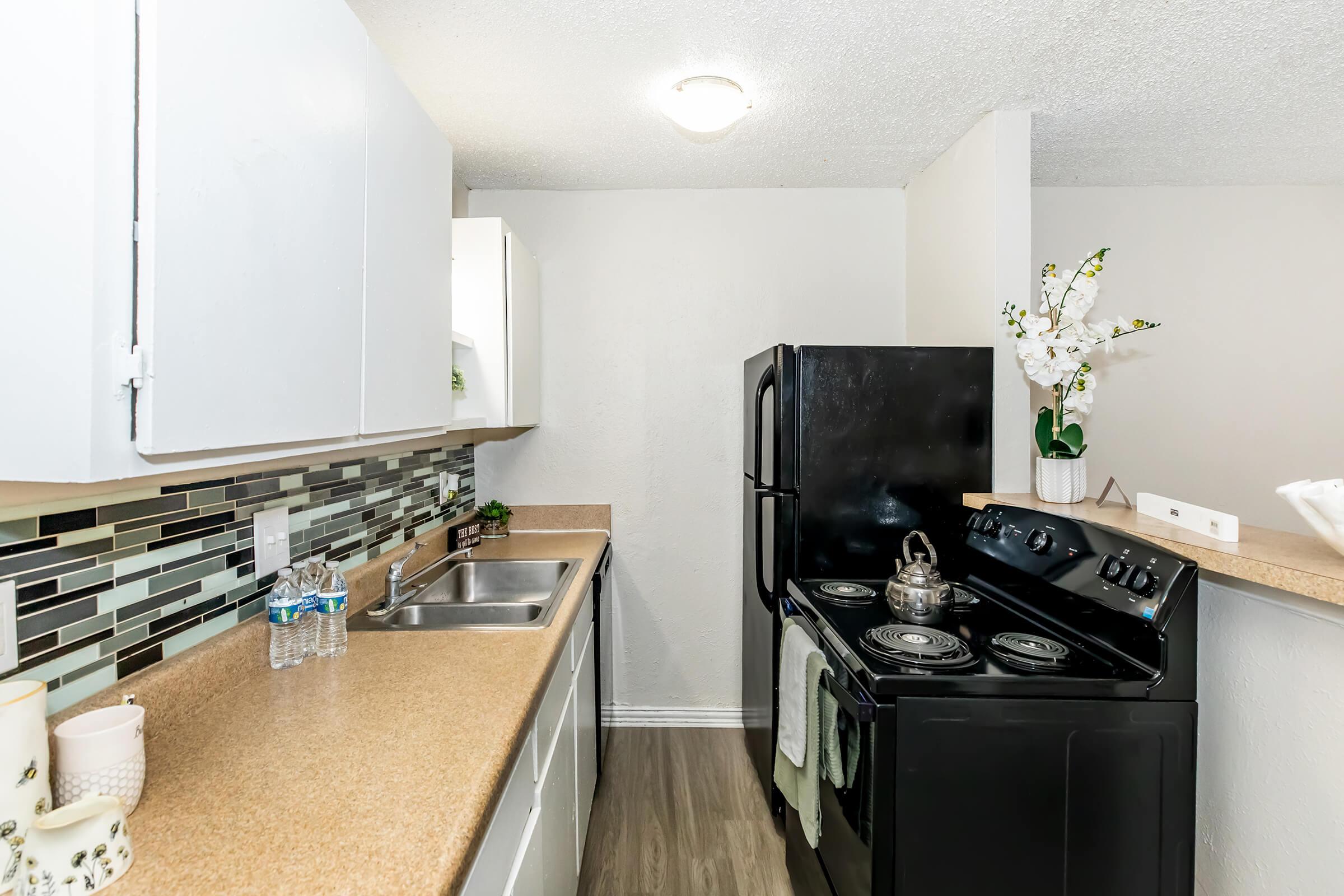 A modern kitchen featuring white cabinets, a black refrigerator, and a black stove. The countertops are a light beige color, and there is a stainless steel sink. Decorative elements include a small potted plant and bottles of water on the counter, with stylish tile backsplash in shades of green and grey.